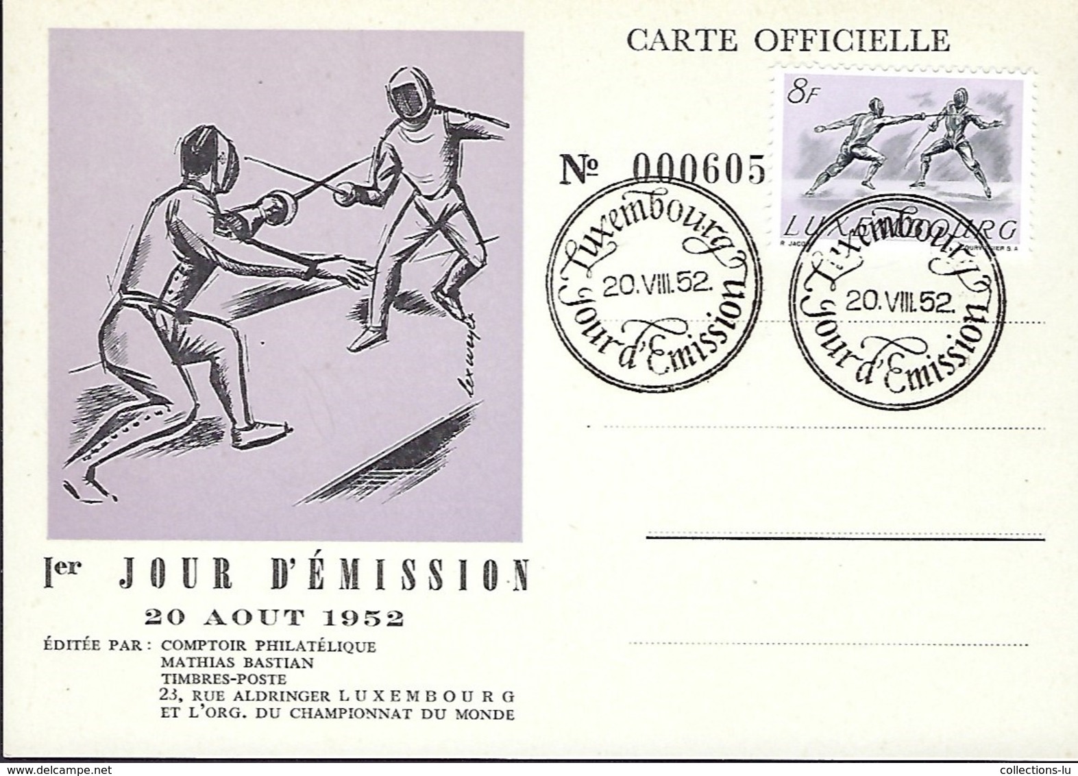 LUXEMBOURG  -  FDC   20.8.1952     Carte Officielle  No. 000605 - FDC