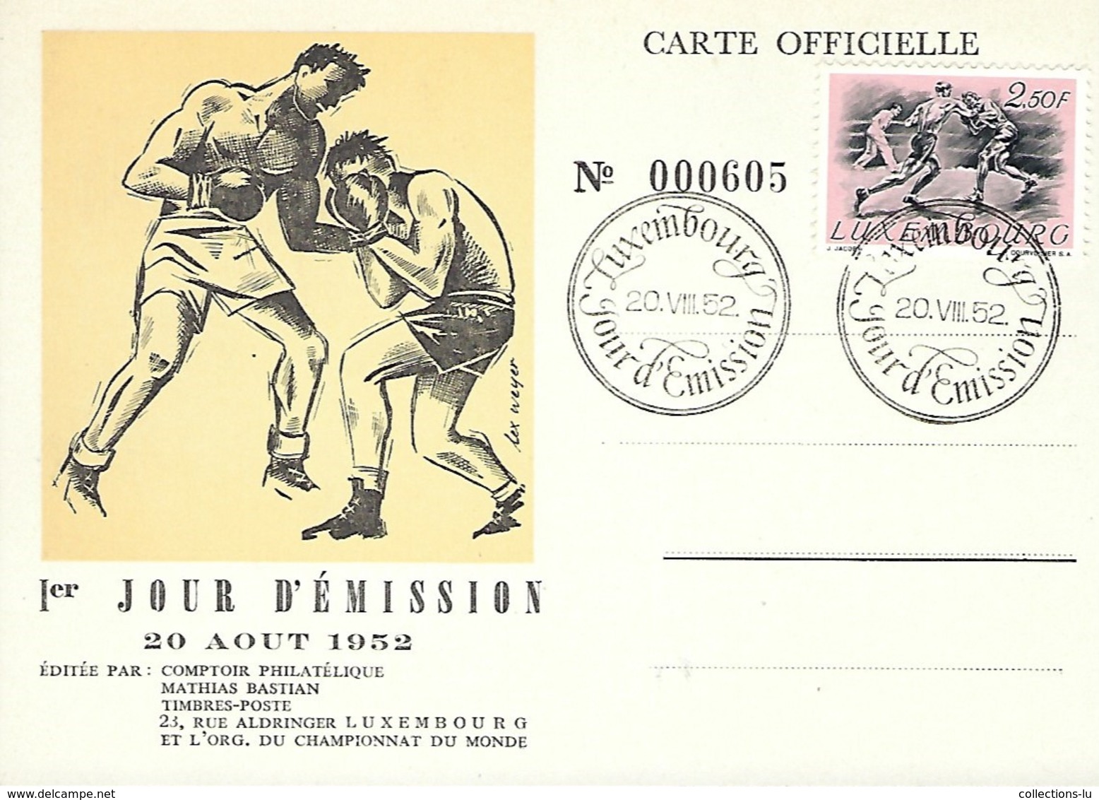 LUXEMBOURG  -  FDC   20.8.1952     Carte Officielle  No. 000605 - FDC