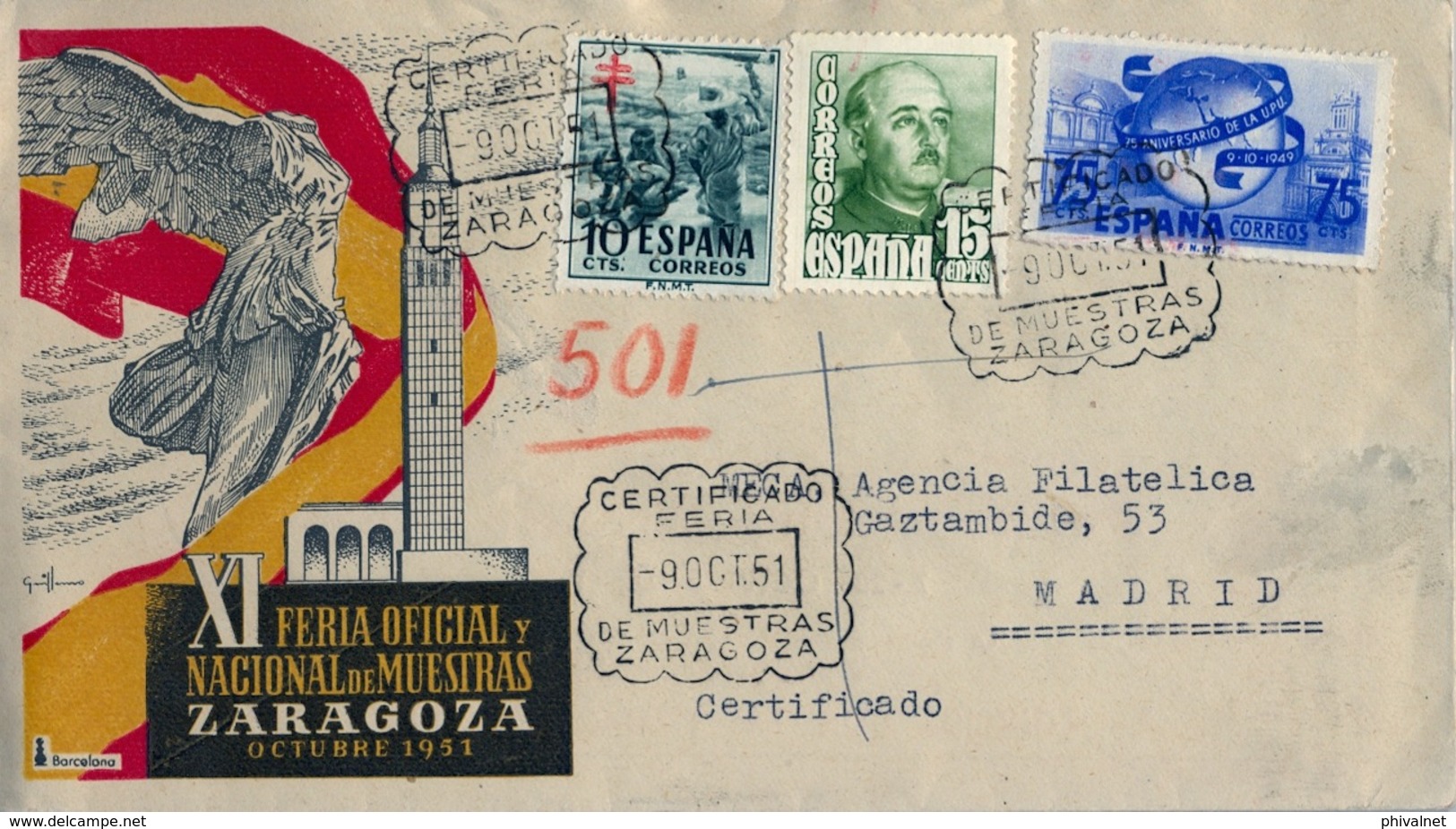 1951 , ZARAGOZA , CERTIFICADO - XI FERIA DE MUESTRAS , LLEGADA CARTERIA - MADRID - Cartas & Documentos