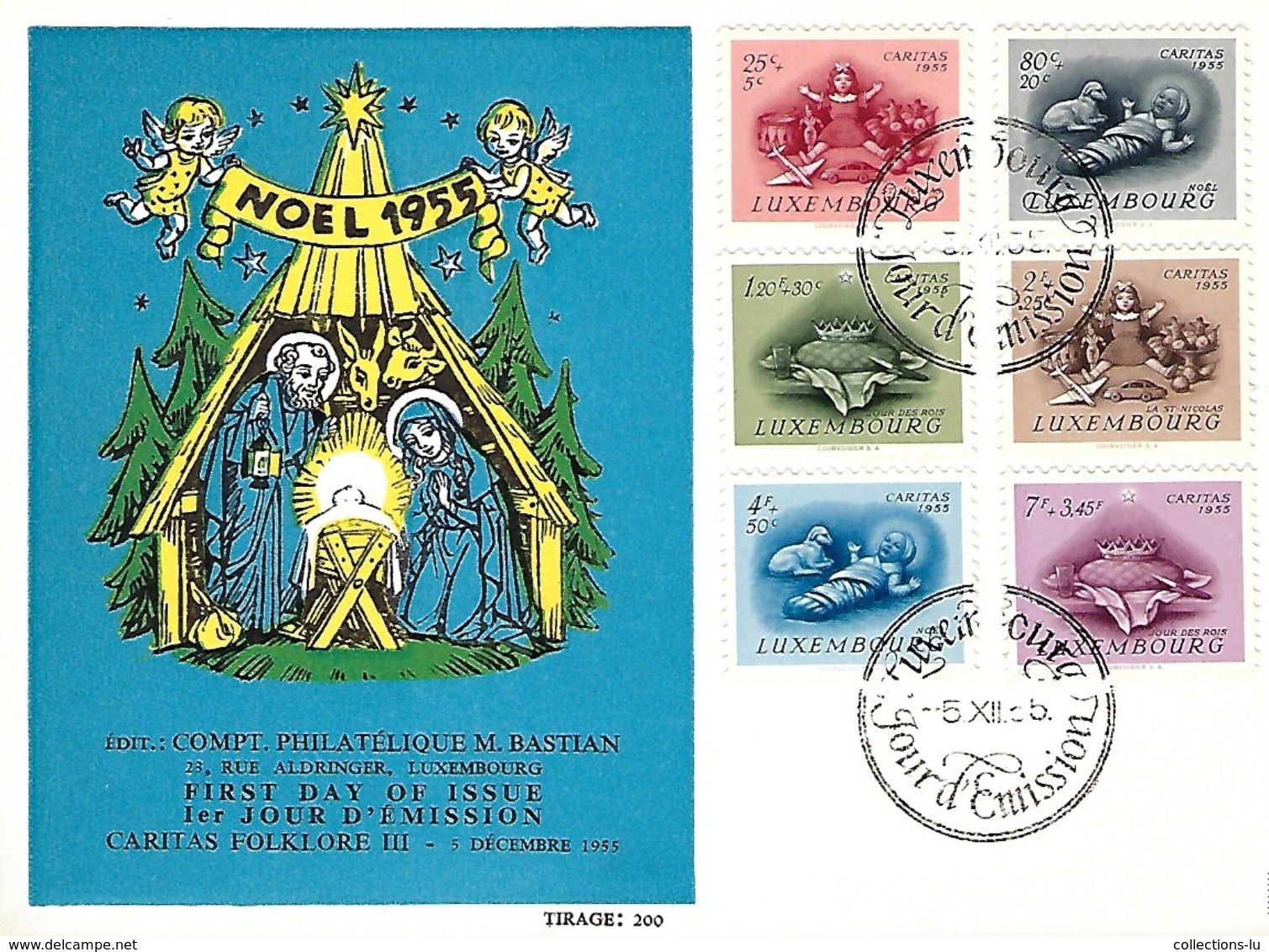 LUXEMBOURG  -  FDC     5.12.1955   Caritas Folklore III - Comptoir Philatélique MATHIAS BASTIAN - FDC