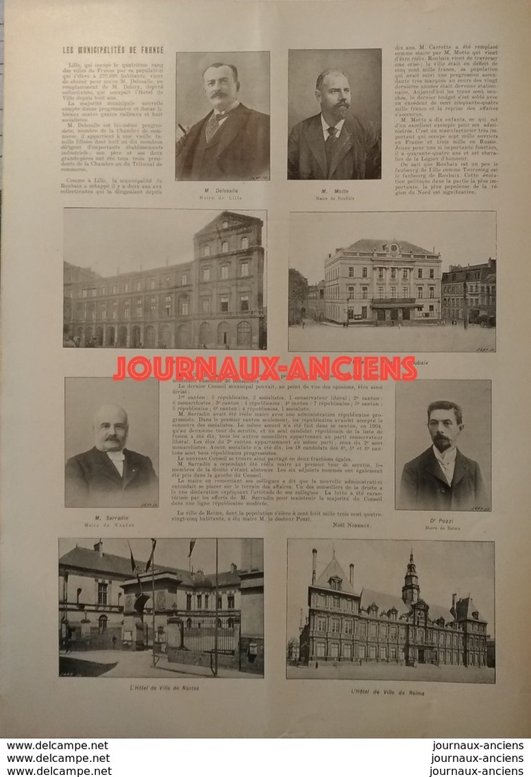 1904 LES MUNICIPALITÉS DE FRANCE - LILLE M. DELESALLE - ROUBAIX M. MOTTE  - NANTES M. SARRADIN - REIMS Dr POZZI - 1900 - 1949