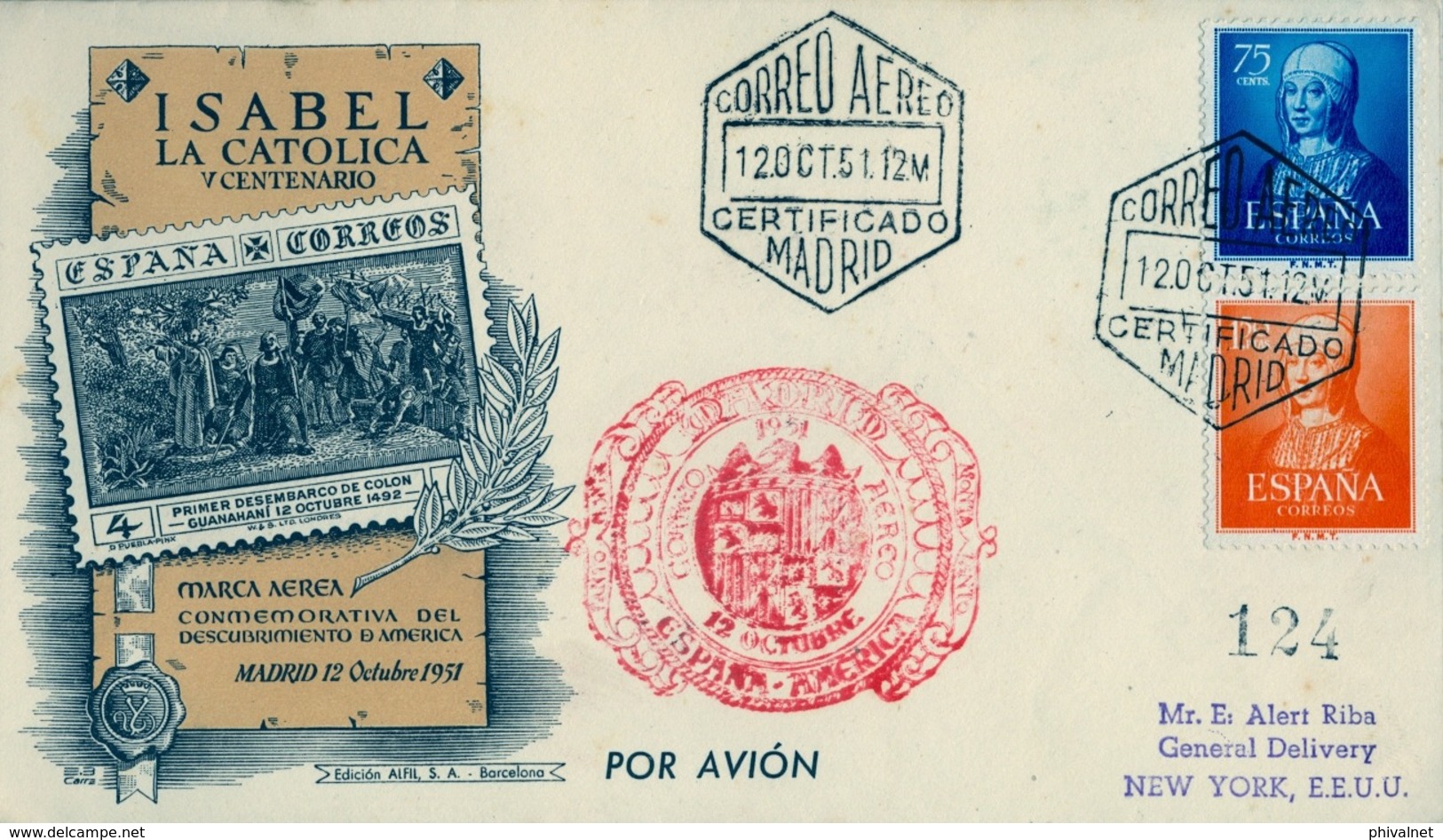 1951 , MADRID , DESCUBRIMIENTO DE AMÉRICA , ISABEL LA CATÓLICA , ED. 1093 , 1095 , TRÁNSITOS , LLEGADA - Cartas & Documentos