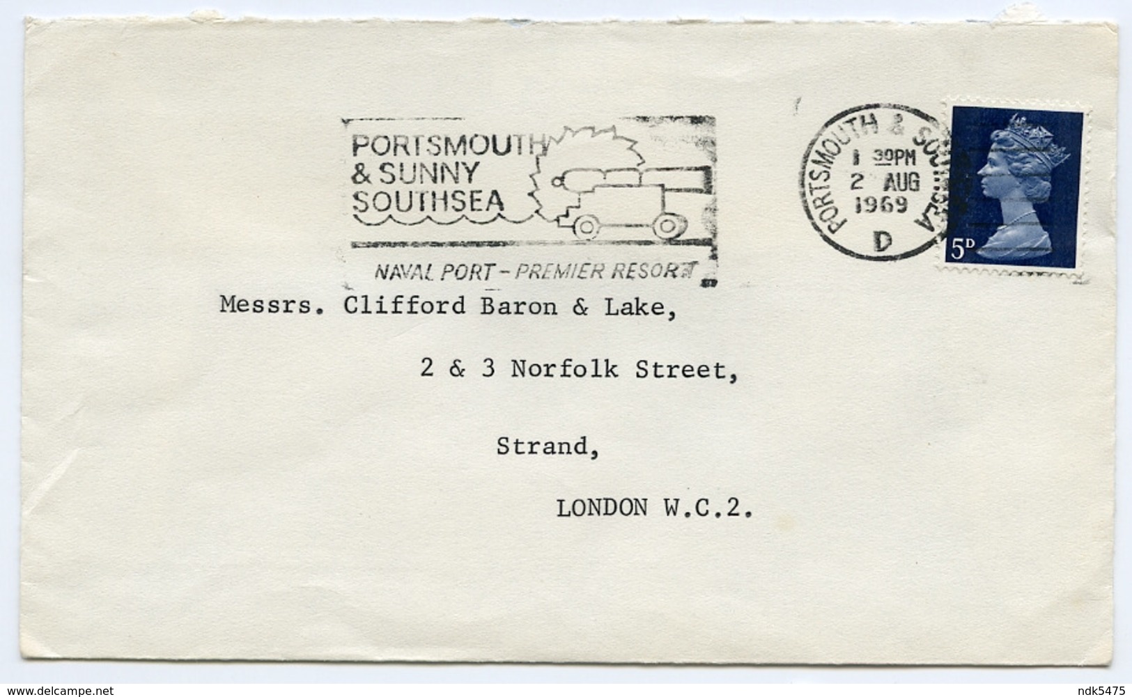 Slogan Postmark On Cover PORTSMOUTH & SOUTHSEA, 1969 / Strand, Norfolk Street, London - Lettres & Documents