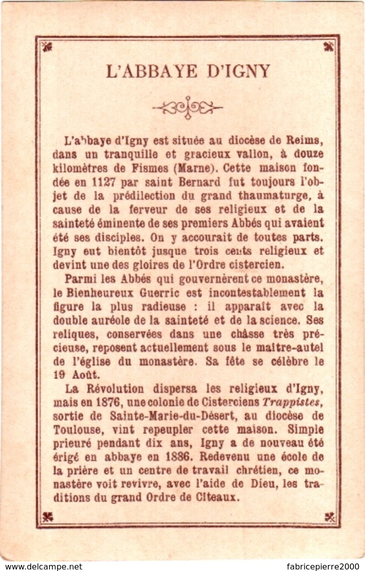 Souvenir De L'Abbaye Notre-Dame D'IGNY (Marne) - La Lampe Du Sanctuaire, Dont La Lueur Tranquille S'unit Dans  ... - TBE - Images Religieuses