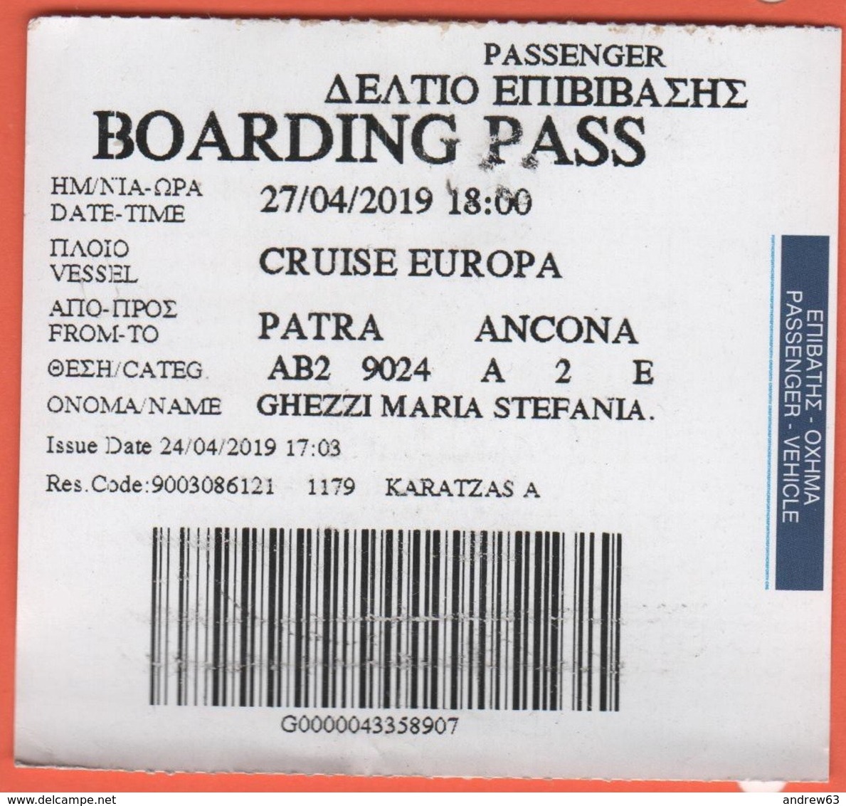Cruise Europa - Patra-Ancona - Biglietto Di Imbarco - Boarding Pass - Europa