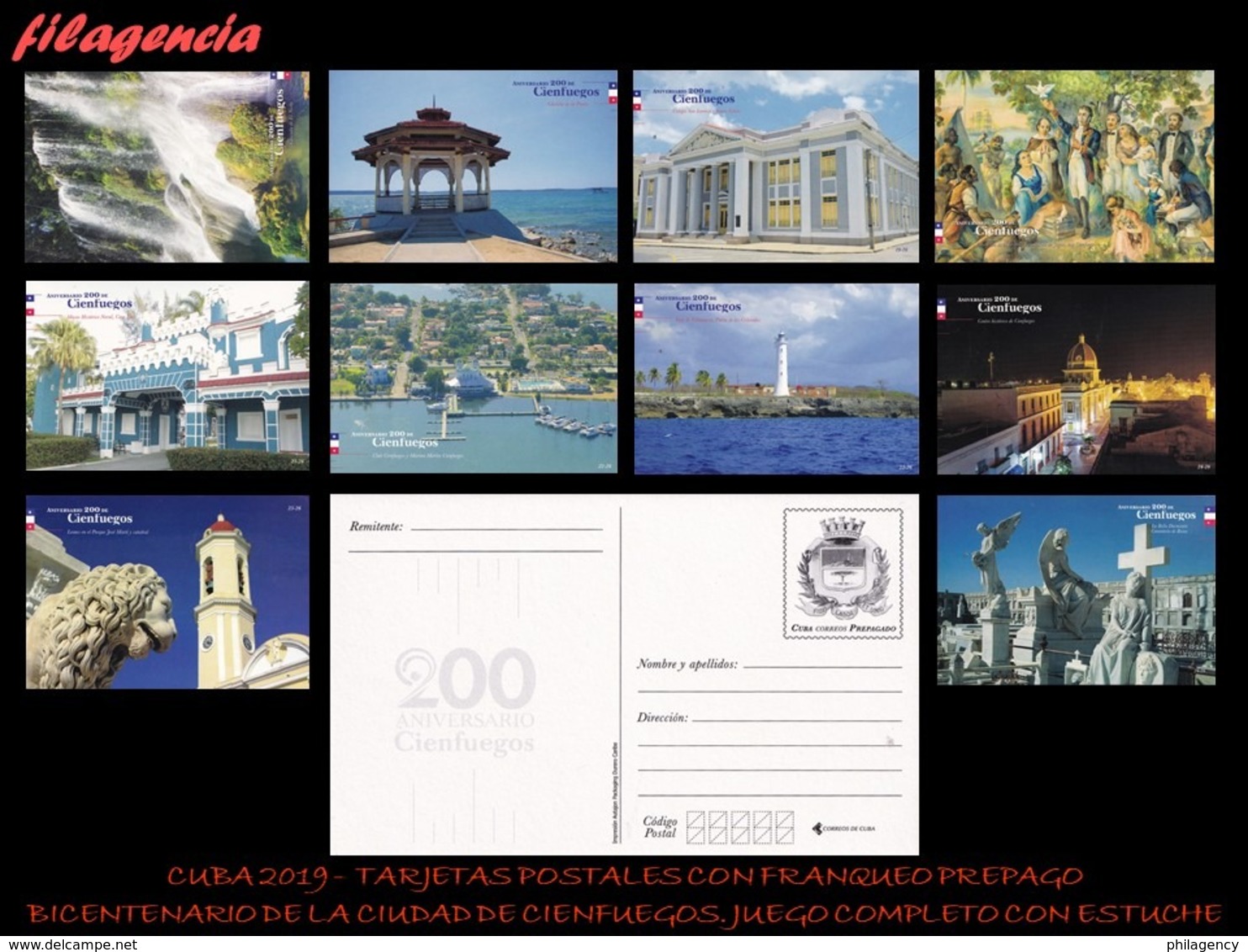 CUBA. ENTEROS POSTALES. TARJETA POSTAL FRANQUEO PREPAGO. SERIE COMPLETA. 2019 200 AÑOS CIUDAD DE CIENFUEGOS. CON ESTUCHE - Otros & Sin Clasificación