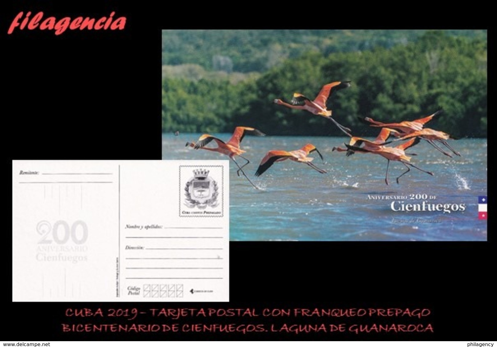 CUBA. ENTEROS POSTALES. TARJETA POSTAL FRANQUEO PREPAGO. 2019 CIENFUEGOS. LAGUNA DE GUANAROCA. FLAMENCOS - Otros & Sin Clasificación