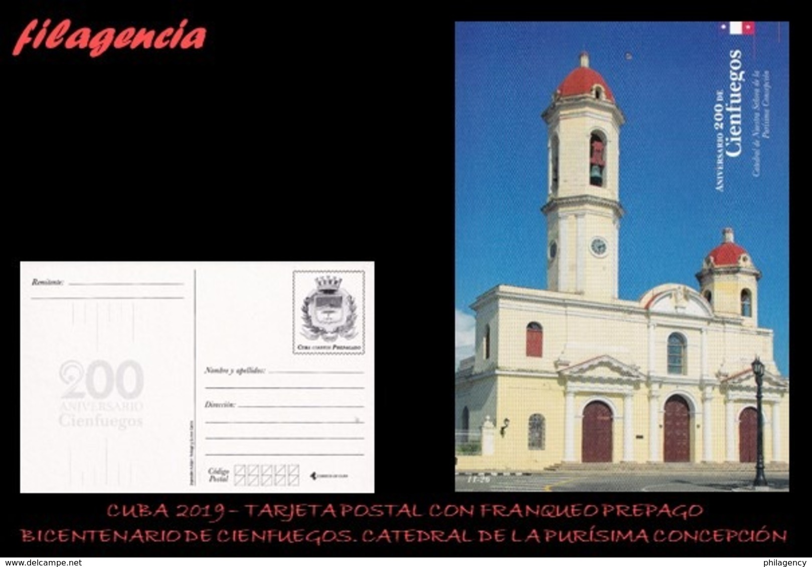 CUBA. ENTEROS POSTALES. TARJETA POSTAL FRANQUEO PREPAGO. 2019 CIENFUEGOS. CATEDRAL NUESTRA SRA DE LA PURÍSIMA CONCEPCIÓN - Otros & Sin Clasificación