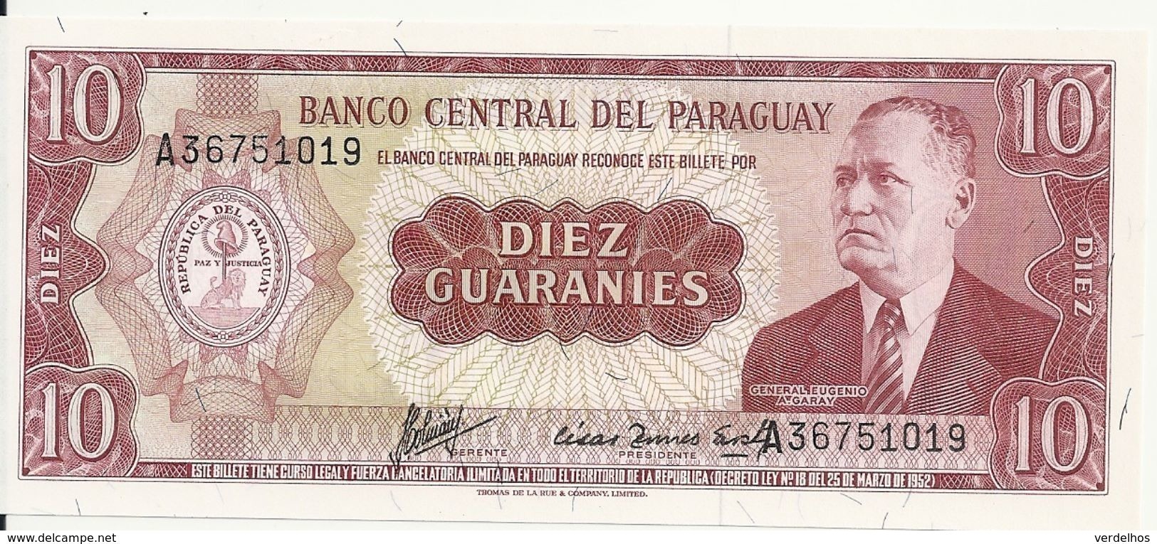 PARAGUAY 10 GUARANIES L.1952 UNC P 196 B - Paraguay