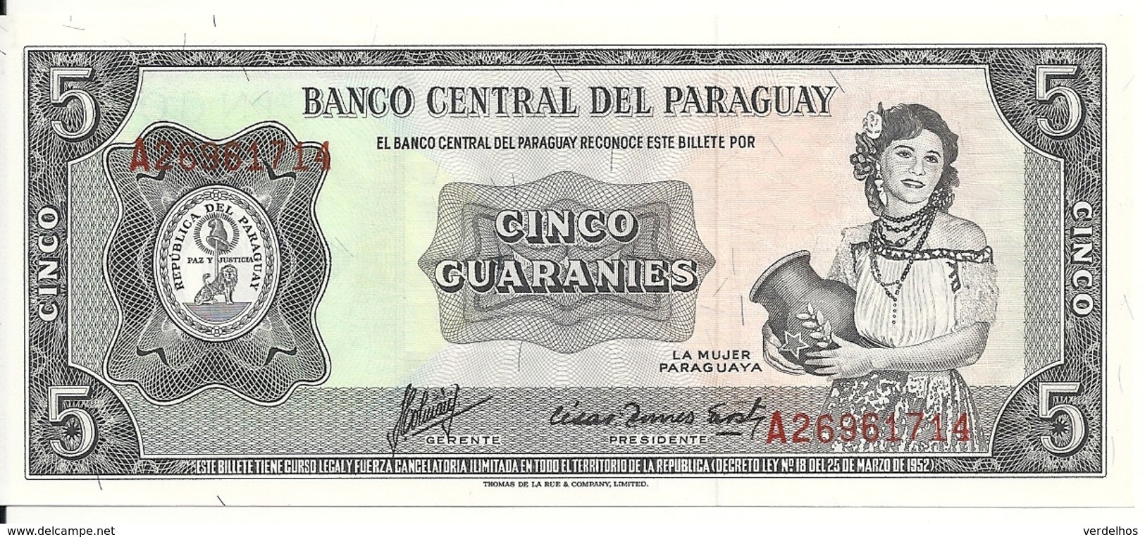 PARAGUAY 5 GUARANIES L.1952 UNC P 195 B - Paraguay
