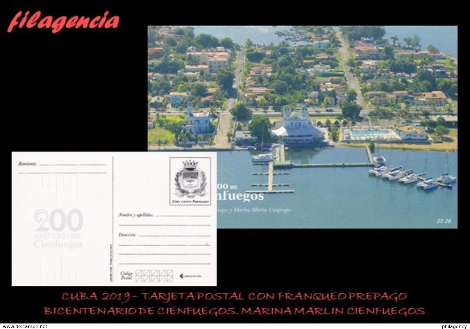 CUBA. ENTEROS POSTALES. TARJETA POSTAL FRANQUEO PREPAGO. 2019 CIENFUEGOS. CLUB NÁUTICO & MARINA MARLIN DE CIENFUEGOS - Otros & Sin Clasificación