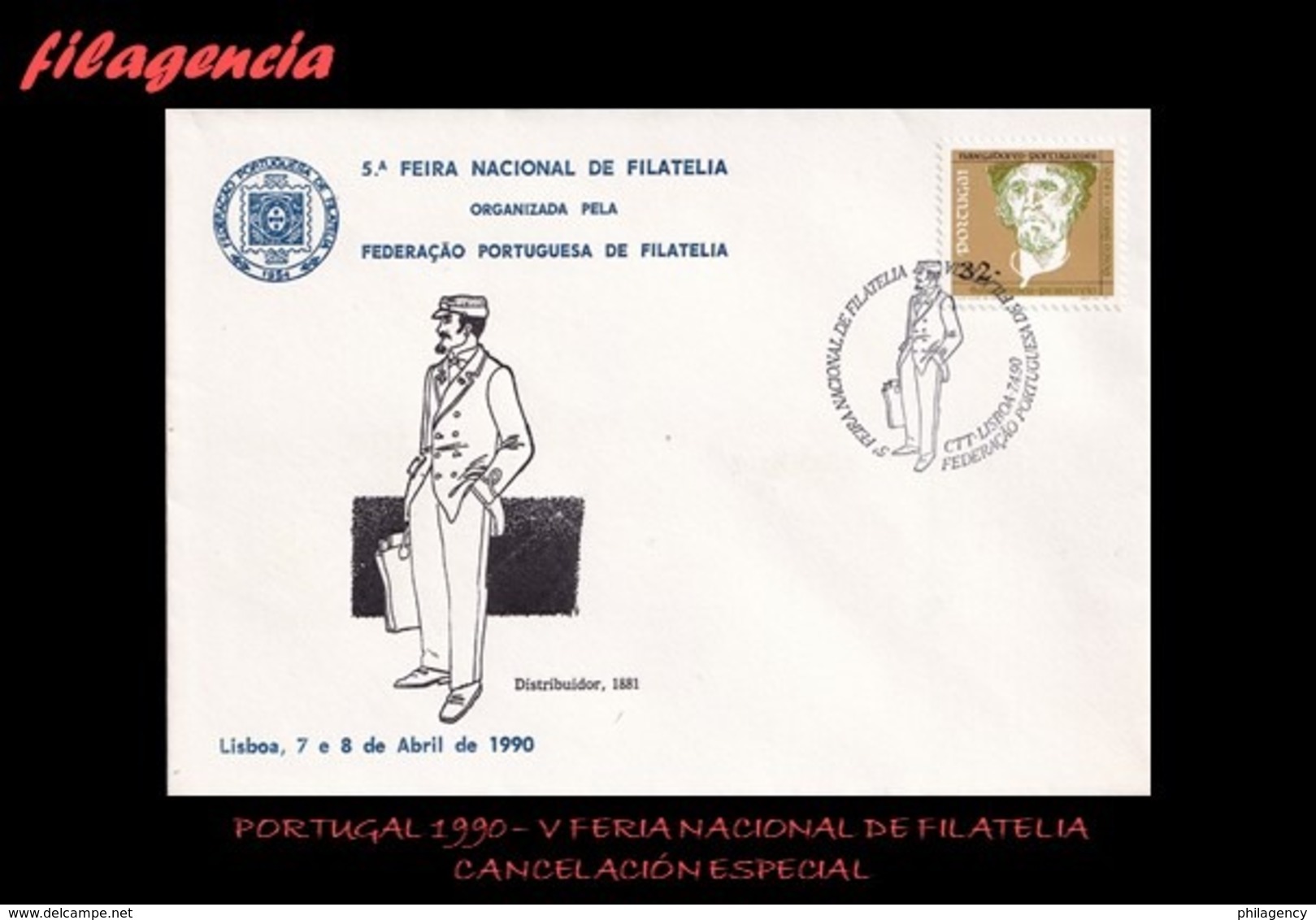 EUROPA. PORTUGAL. ENTEROS POSTALES. MATASELLO ESPECIAL 1990. V FERIA NACIONAL DE FILATELIA. CARTERO - Otros & Sin Clasificación