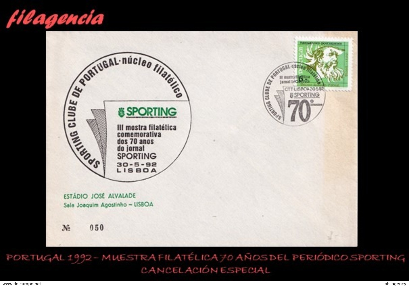 EUROPA. PORTUGAL. ENTEROS POSTALES. MATASELLO ESPECIAL 1992. MUESTRA FILATÉLICA 70 AÑOS DEL PERIÓDICO SPORTING - Autres & Non Classés