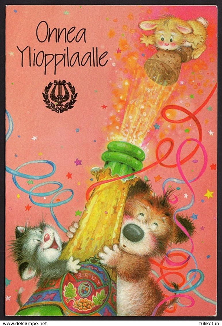 Animal Friends - Cat - Dog And Bunny Open Shampagne Bottle - Lisi Martin - Pictura Graphica AB - Double Card - Altri & Non Classificati