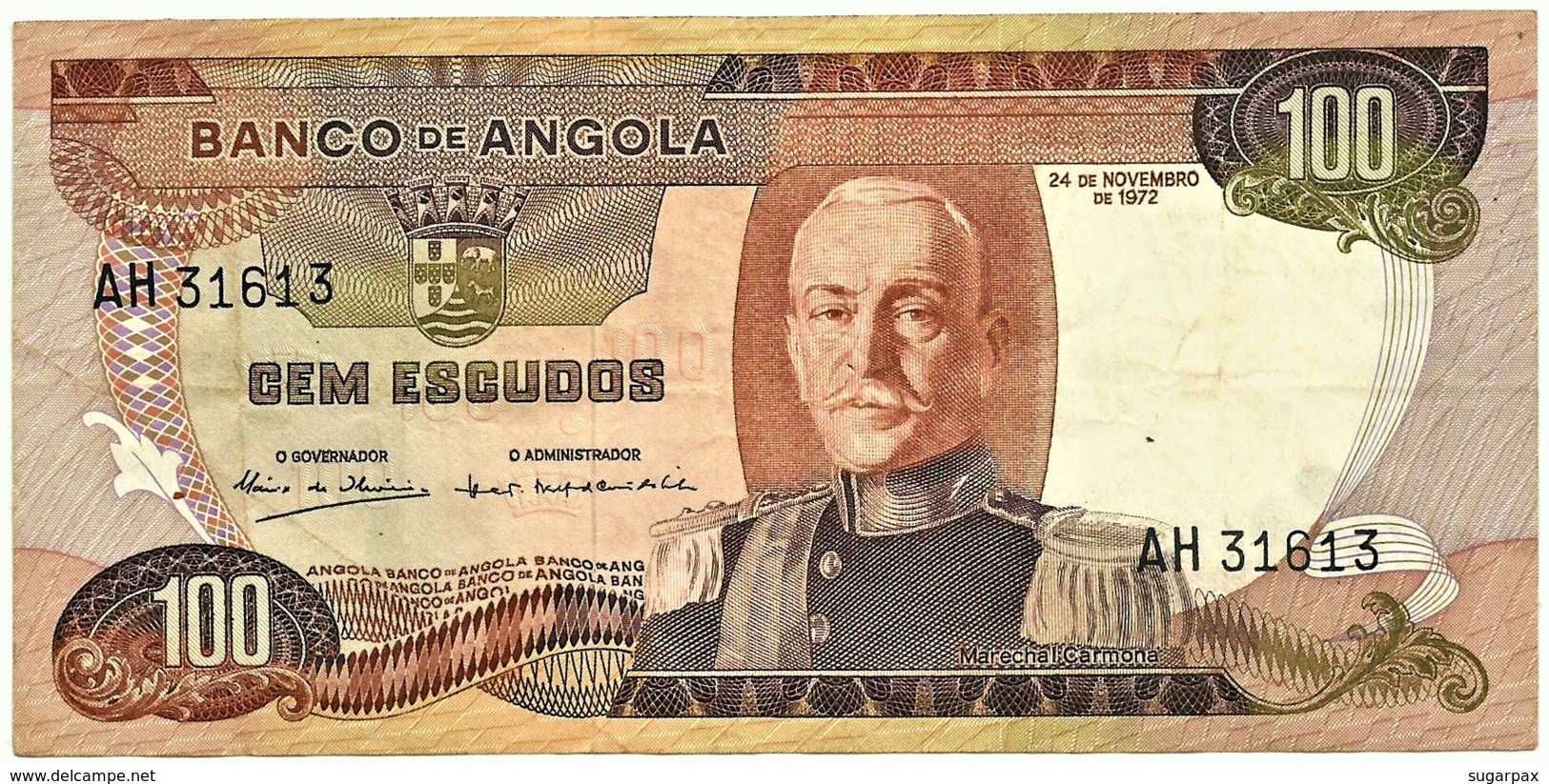 Angola - 100 Escudos - 24.11.1972 - Pick 101 - CAPICUA 31613 RADAR - Série AH - Marechal Carmona - PORTUGAL - Angola