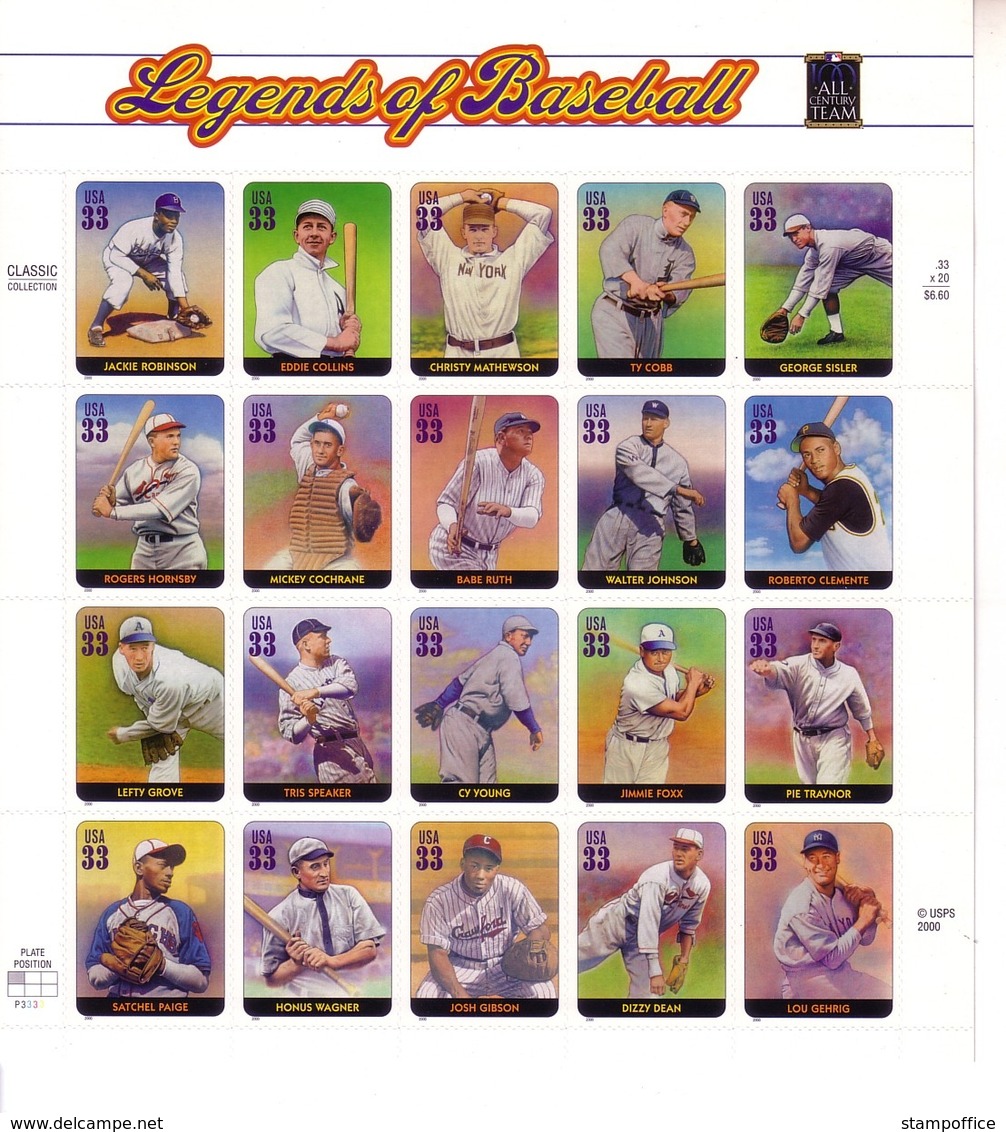 USA MI-NR. 3337-3356 POSTFRISCH(MINT) KLEINBOGEN LEGENDEN DES BASEBALLS - Blocks & Sheetlets