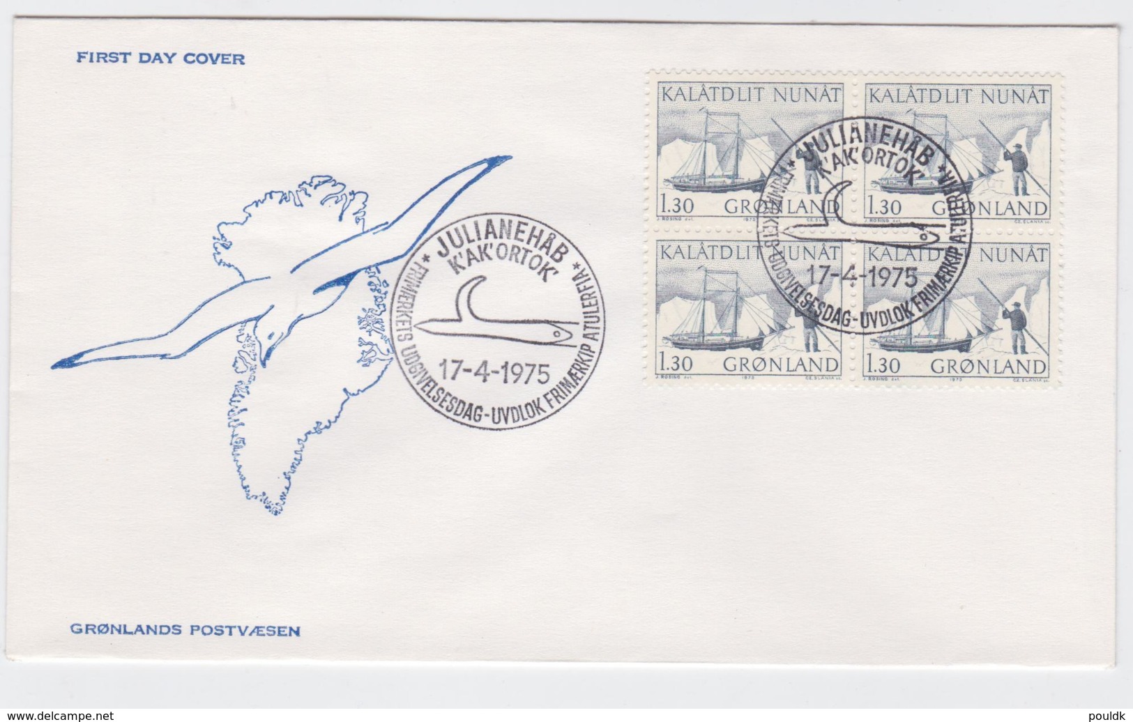 Greenland FDC 1975 Schooner Bringing Out Post - Block Of Four (G104-9) - FDC