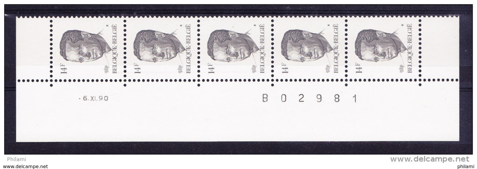 BELGIQUE COB 2352 ** MNH BANDE DE 5 DATEE 6.XI.90, LIGNE PARASITAIRE. (4TJ42) - 1981-1990 Velghe