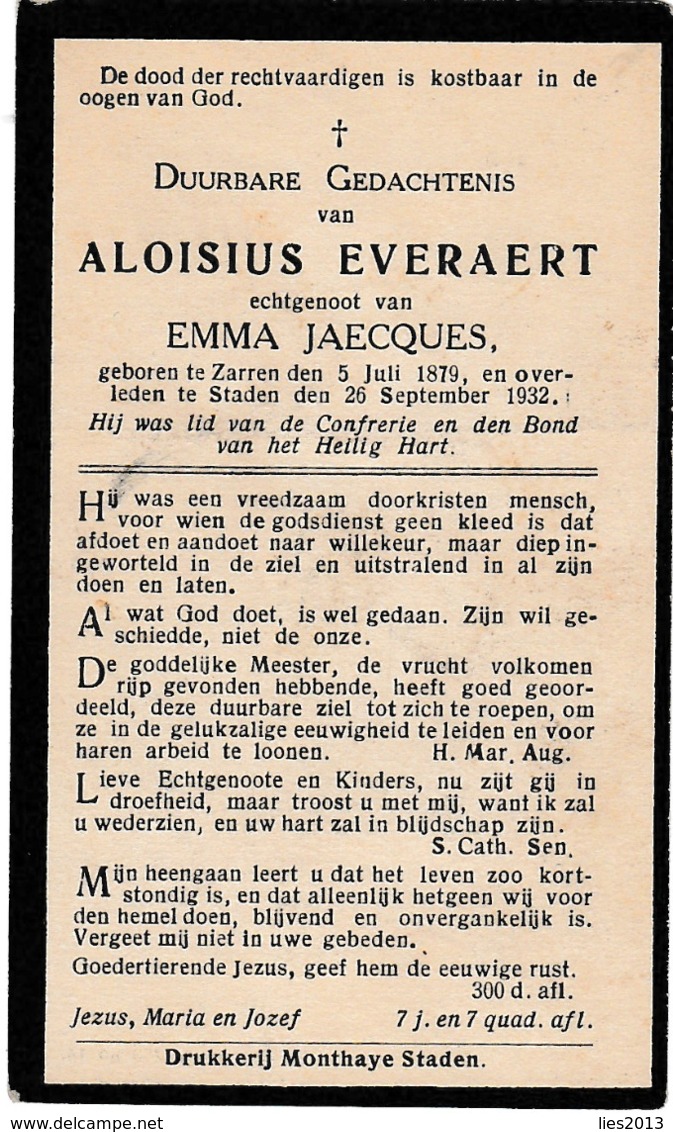 Zarren, Staden, 1932, Aloisius Everaert, Jaecques - Images Religieuses