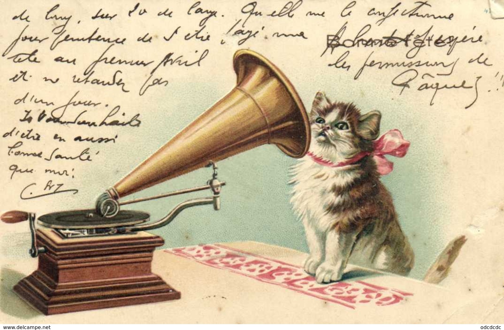 Illustrateur Petit Chat Noeud Rose Devant Un Gramophone Gauffrée RV - Gatos