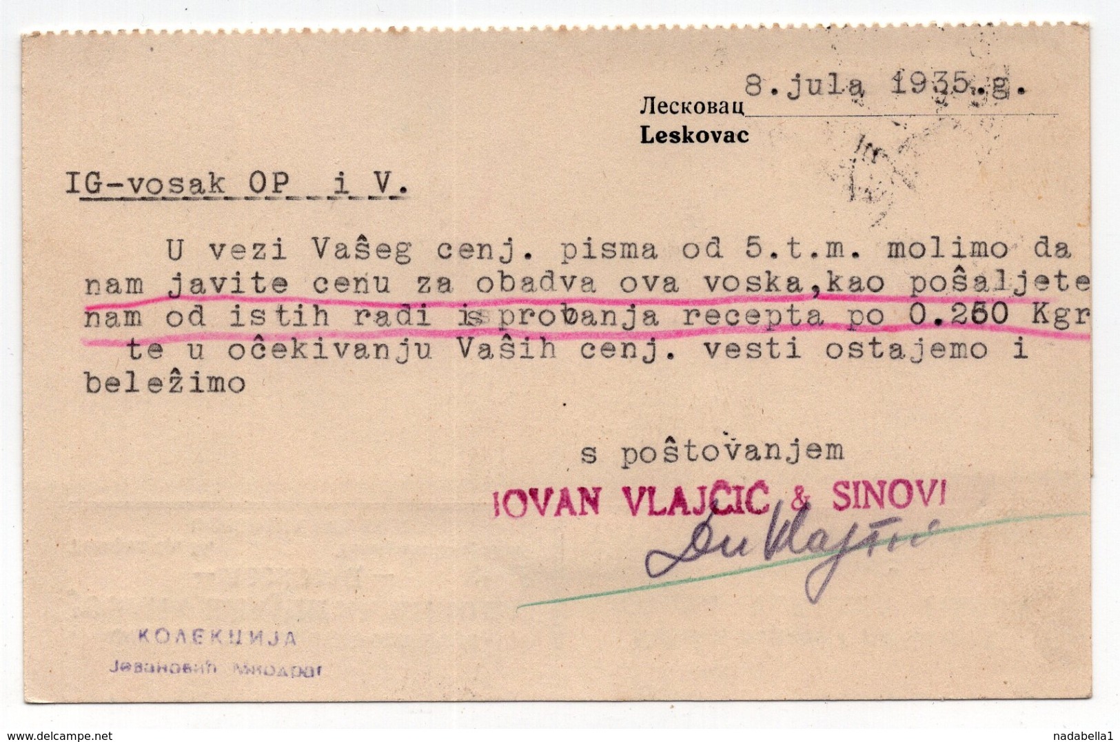 1935 YUGOSLAVIA, SERBIA, BLACK FRAME, LESKOVAC TO BELGRADE, JOVAN VLAJCIC AND SONS, CORRESPONDENCE CARD - Lettres & Documents