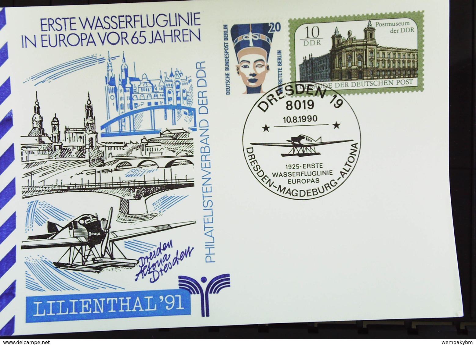 DDR-WU: Privat-Gs Mit 10 Pf Postmuseum Anläßl. Der 1. Wasserfluglinie In Europa, SoSt. Dresden Vom 10.8.90 Knr: PP 103 - Private Postcards - Used