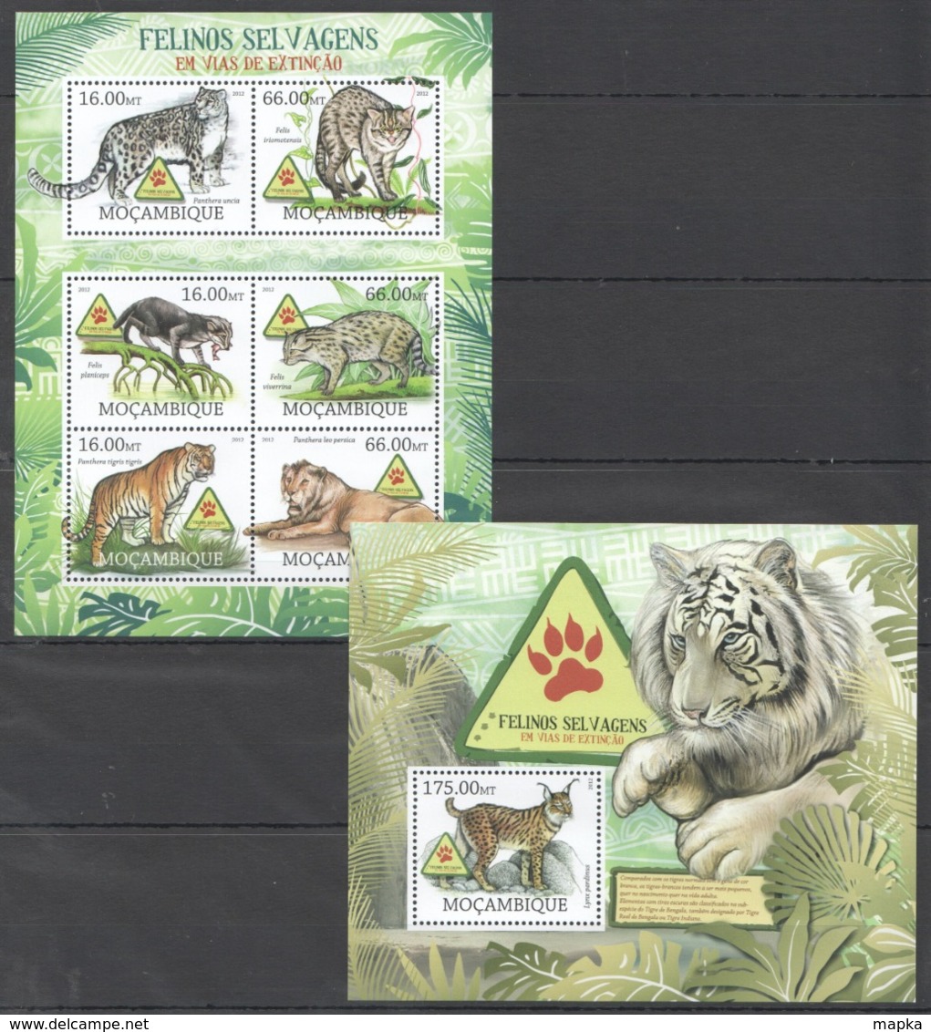 B192 2012 MOZAMBIQUE MOCAMBIQUE FAUNA WILD CATS FELINOS SELVAGENS EM VIAS DE EXTINCAO 1SH+1BL MNH - Big Cats (cats Of Prey)