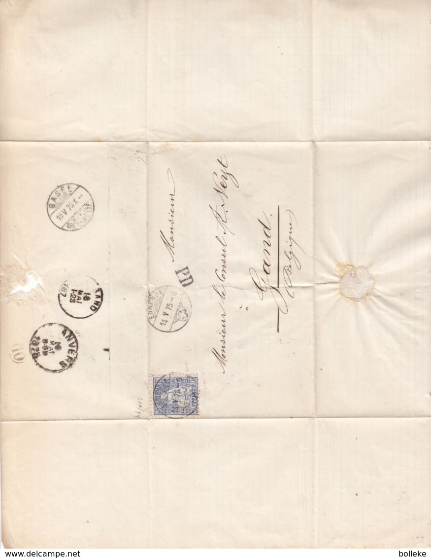 Suisse - Lettre De 1875 - Oblit Ennenda - Exp Vers Gand - Cachets De Basel Et Anvers - Cartas & Documentos