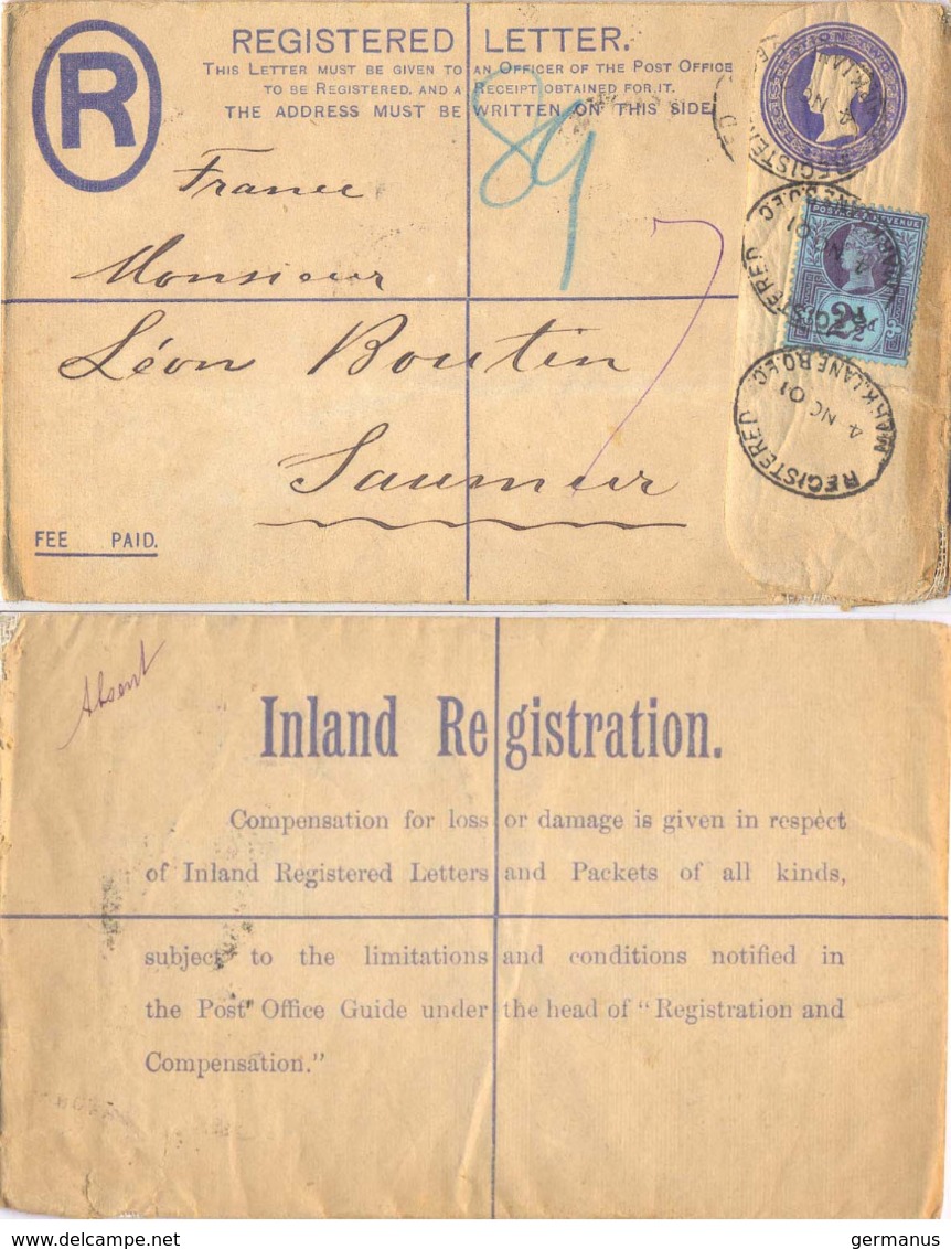 GRANDE-BRETAGNE LETTER REGISTERED MARK LANE B.O.E.C. 4 NO 01 1901 Pour SAUMUR MAINE-ET-LOIRE - Entiers Postaux