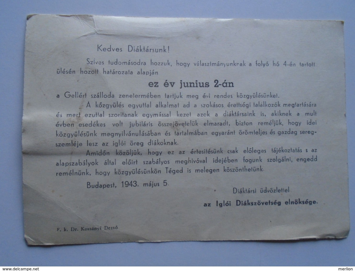 D168933 Hungary  Budapest   Igló - Meghívó - Iglói Diákszövetség 1943  - Spišská Nová Ves / Zipser Neudorf (Slovakia) - Autres & Non Classés