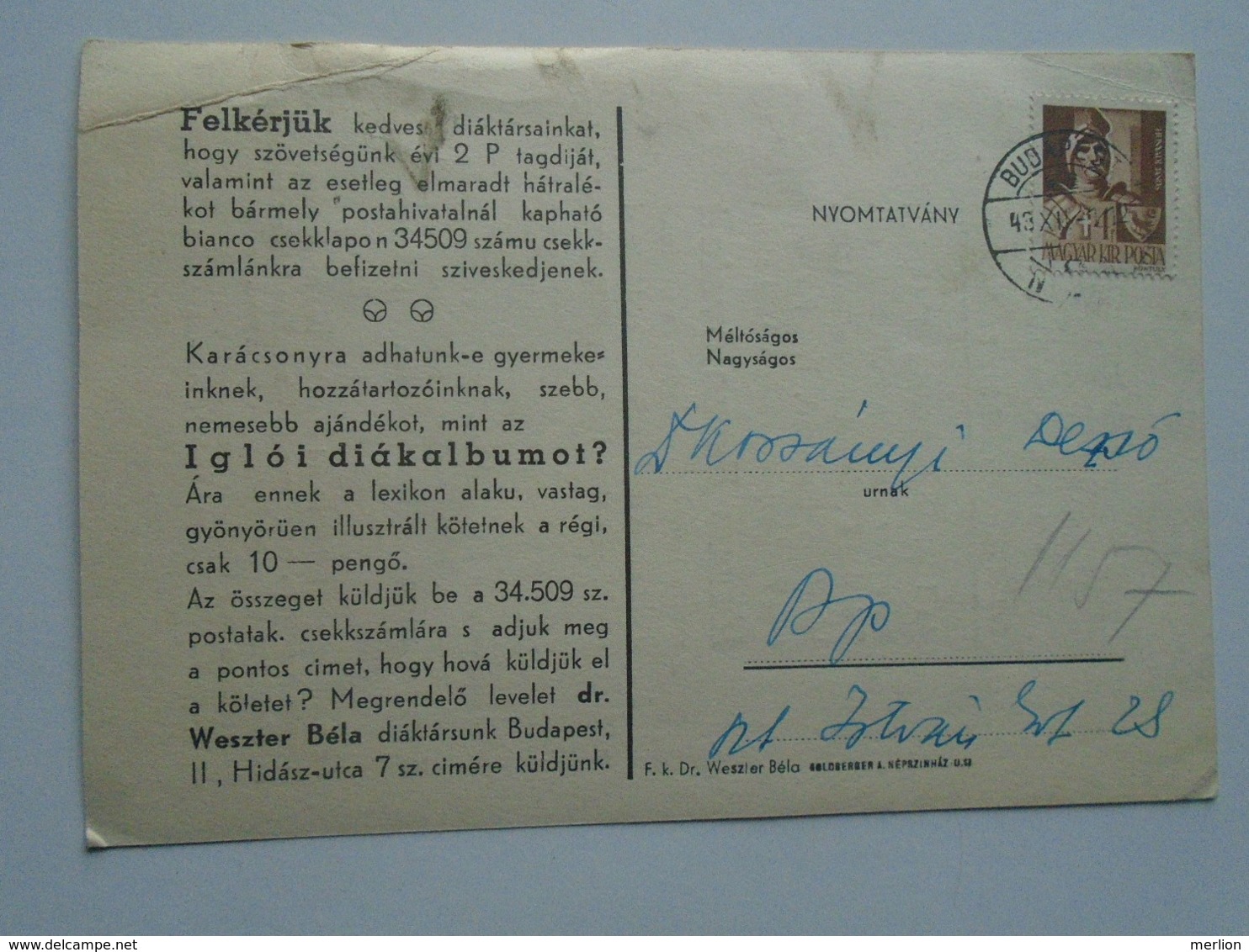 D168934 Hungary  Budapest   Igló - Meghívó - Iglói Diákszövetség 1943  - Spišská Nová Ves / Zipser Neudorf (Slovakia) - Andere & Zonder Classificatie
