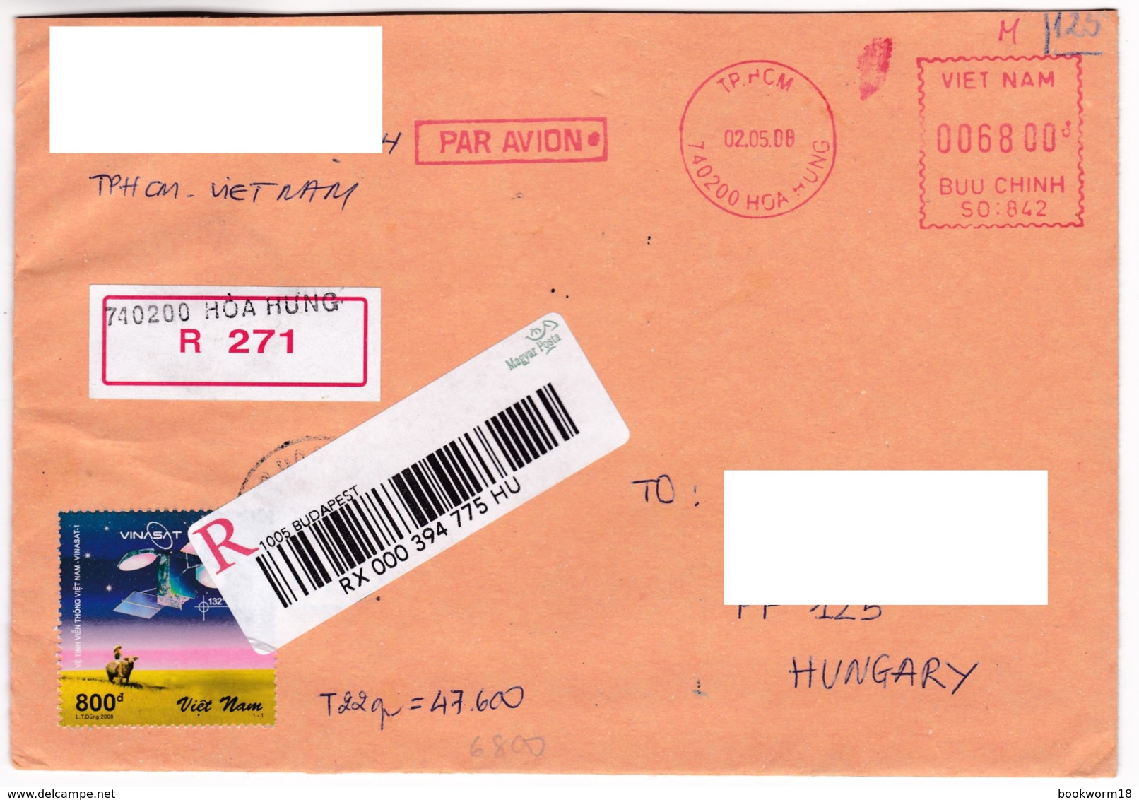 M596 Vietnam Lettre Recommandée Registered Letter 2008 HOA HUNG To Hungary - Vietnam