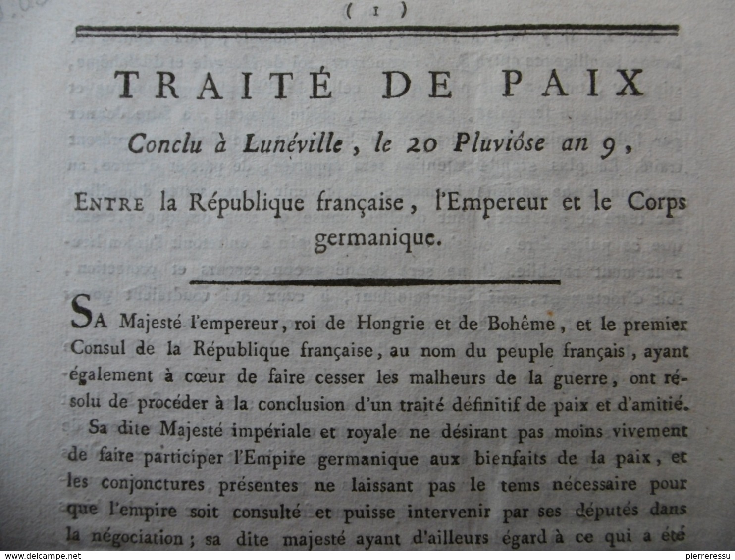 TRAITE DE PAIX CONCLU A LUNEVILLE 20 PLUVIOSE AN 9 EMPEREUR ET LE CORPS GERMANIQUE - Documents Historiques