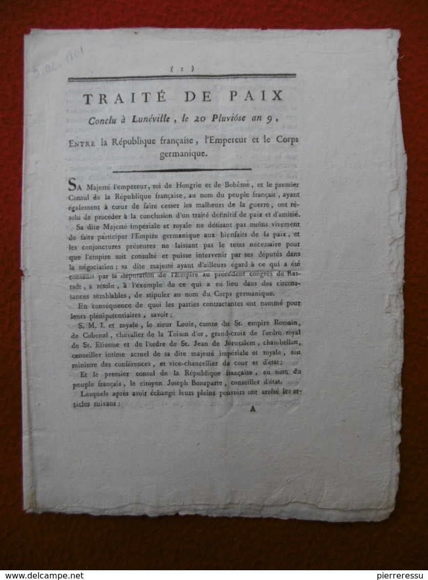 TRAITE DE PAIX CONCLU A LUNEVILLE 20 PLUVIOSE AN 9 EMPEREUR ET LE CORPS GERMANIQUE - Documents Historiques