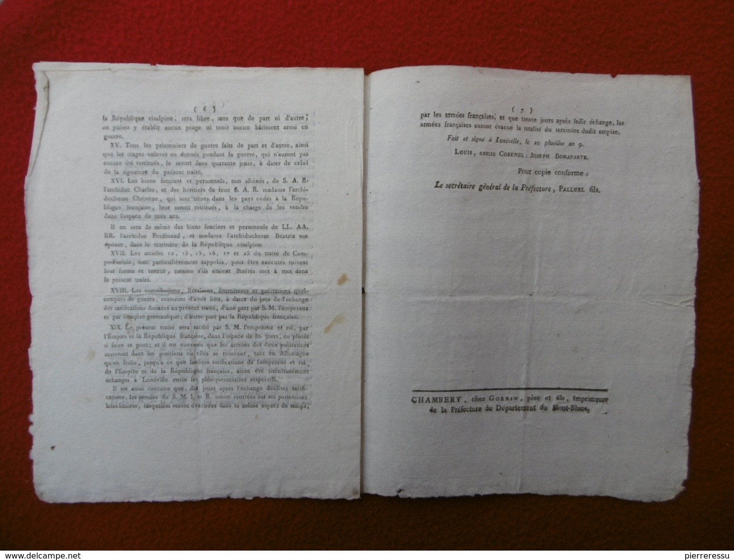 TRAITE DE PAIX CONCLU A LUNEVILLE 20 PLUVIOSE AN 9 EMPEREUR ET LE CORPS GERMANIQUE - Documents Historiques