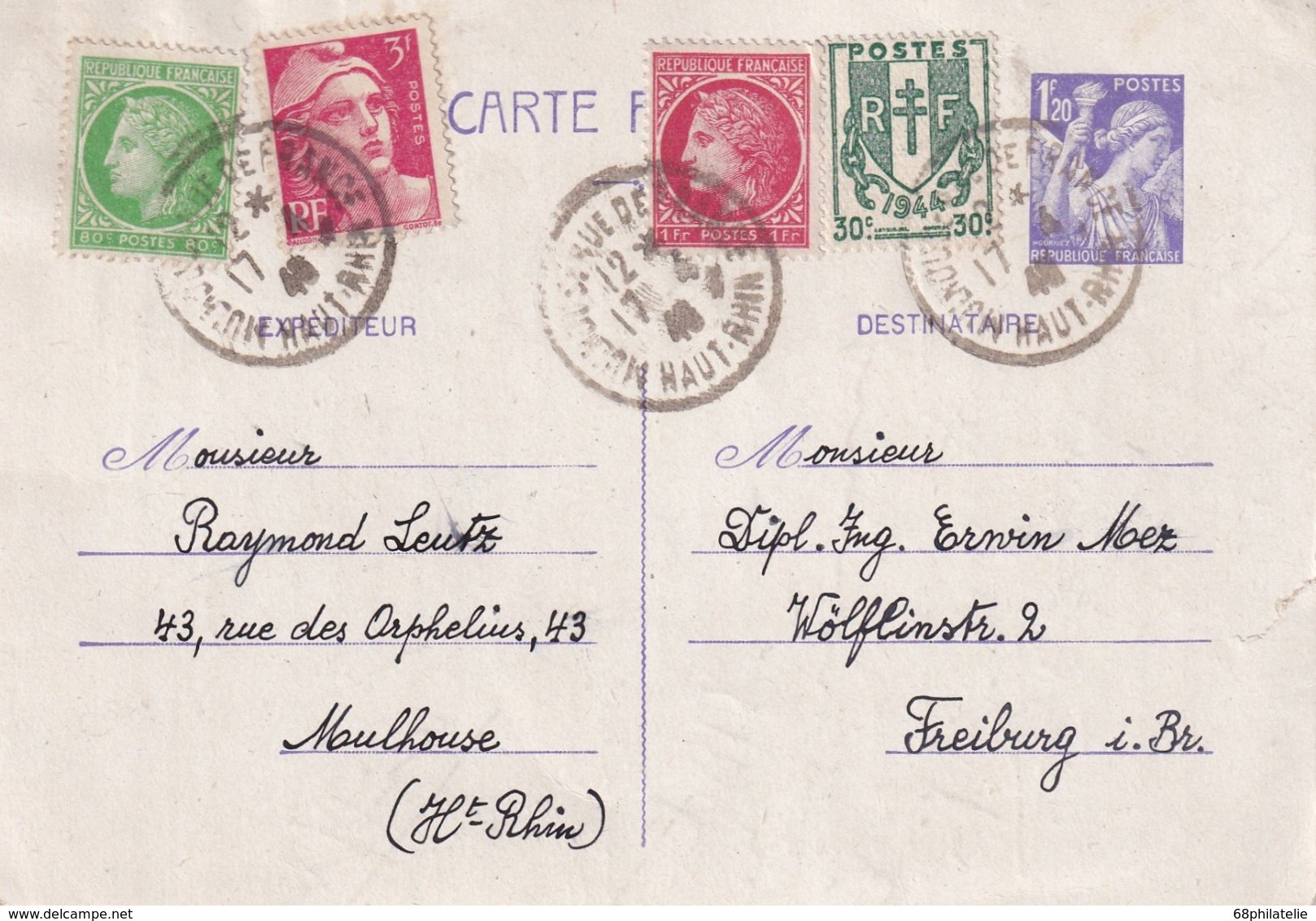 ALSACE-LORRAINE 1946      ENTIER POSTAL/GANZSACHE/POSTAL STATIONERY CARTE DE MULHOUSE - Storia Postale