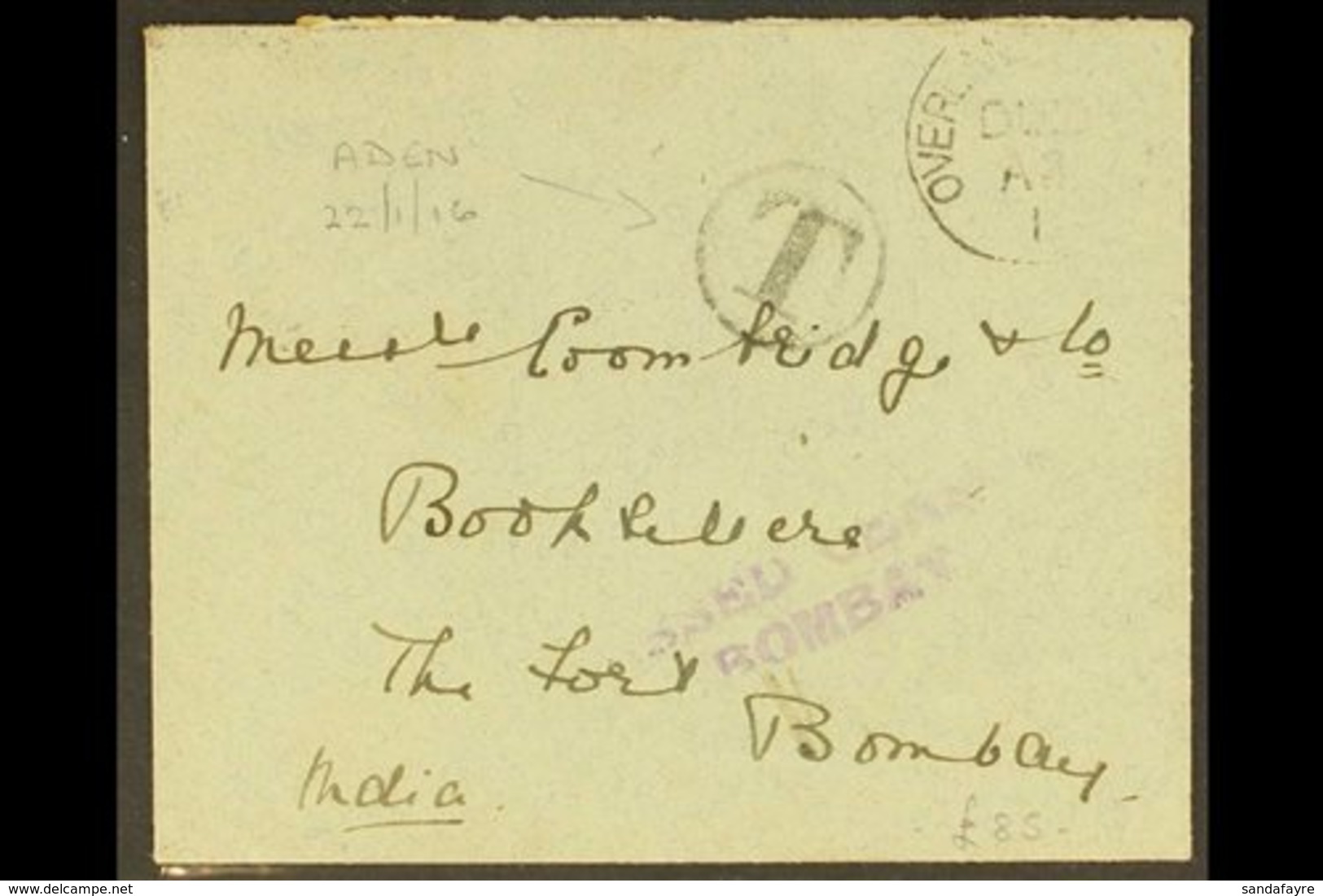 1916 CENSOR COVER  (22 Jan) Aden To Bombay Stampless Envelope With Tax Mark Plus "OVERLAND POSTAGE DUE" Handstamp, Along - Aden (1854-1963)