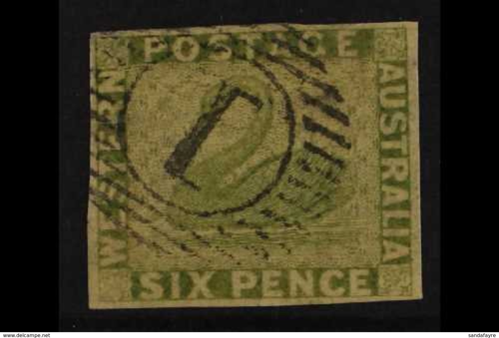 WESTERN AUSTRALIA  1860-64 6d Sage Green Imperf, SG 28, Four Clear Margins, Very Fine Used For More Images, Please Visit - Sonstige & Ohne Zuordnung