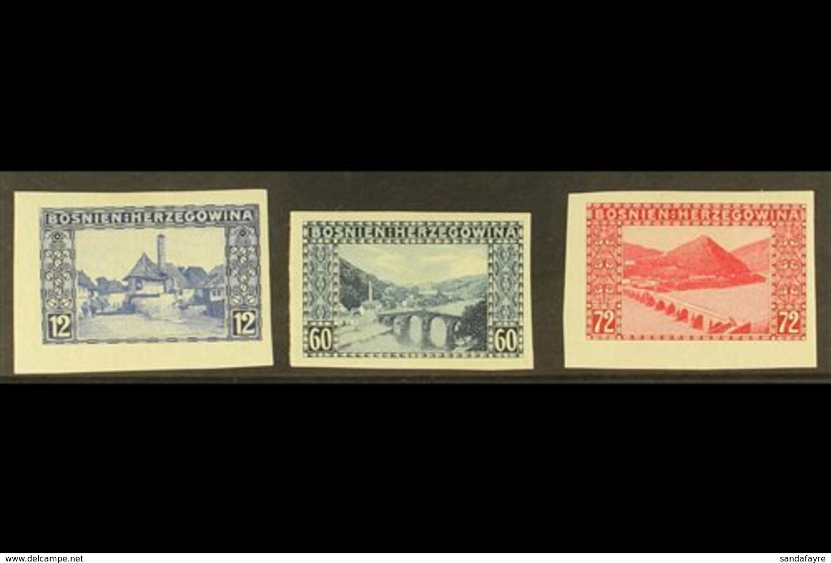 BOSNIA AND HERZEGOVINA  1912 Landscapes Complete IMPERF Set, Michel 61/63 U (SG 359/61 Var), Very Fine Mint, Very Fresh. - Andere & Zonder Classificatie