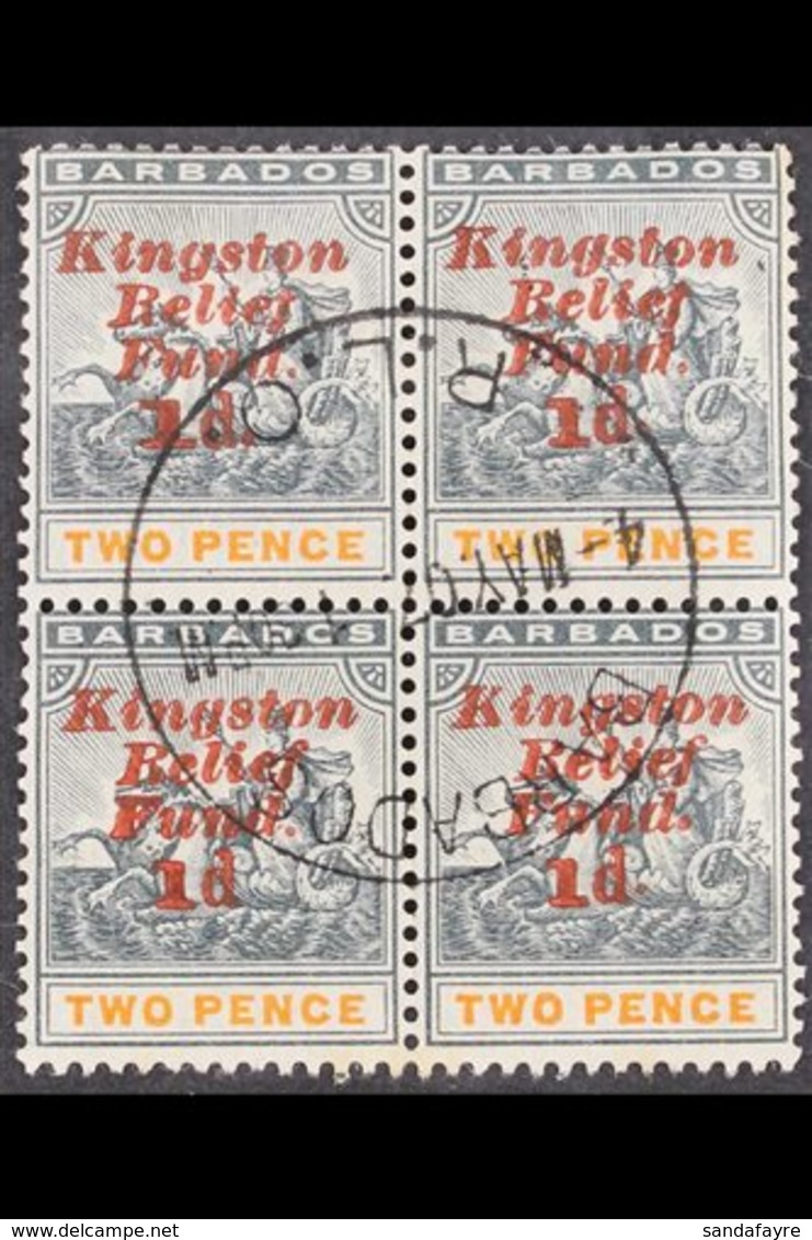 1907 KINGSTON RELIEF FUND  (Eighth Setting) Upright Overprint 1d On 2d (SG 153) - A BLOCK OF FOUR Including No Stop Afte - Barbados (...-1966)