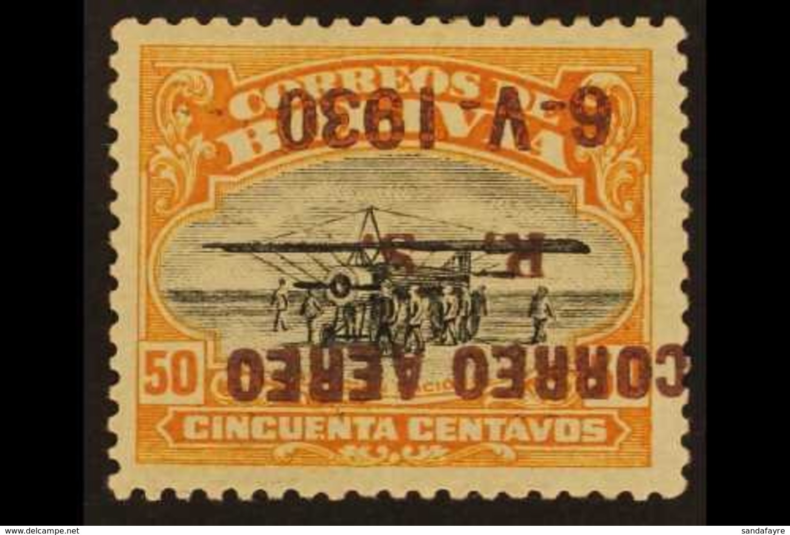 1930  50c Black And Orange With AIR POST OVERPRINT INVERTED, SG 233 Variety (Sanabria 26a), Mint. Sanabria & Kessler Exp - Bolivien