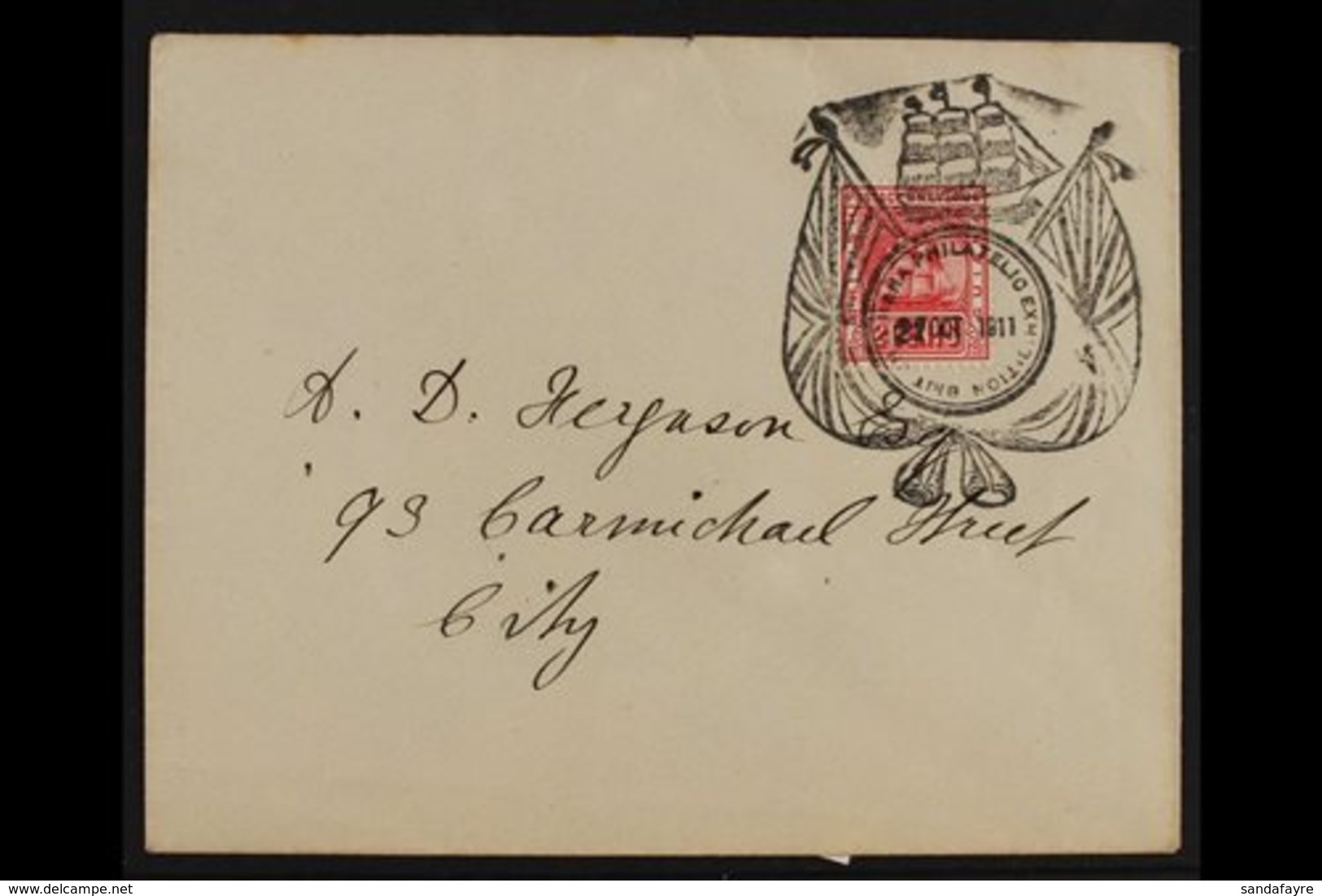 1911 STAMP EXHIBITION  (Oct) Neat Locally Used Envelope Bearing 2c Red Ship, Tied By Large Fancy Flags Cancel "British G - Britisch-Guayana (...-1966)