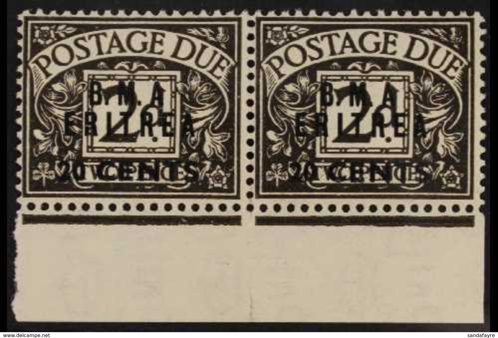 ERITREA  POSTAGE DUES 1948 20c On 2d Agate, Horizontal Pair Both Showing Variety "No Stop After A", SG ED 3a, Very Fine  - Italian Eastern Africa