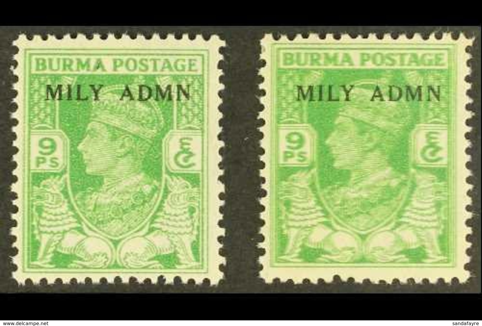 1945  9p Yellow- Green "Mily Admn" With STAMP PRINTED DOUBLE, SG 38 Variety, Never Hinged Mint, With A Normal For Compar - Burma (...-1947)