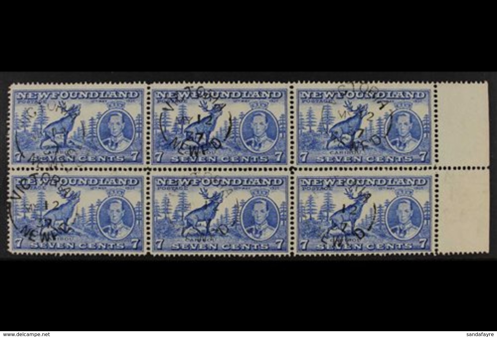 1937  7c Bright Ultramarine Additional Coronation Perf 14, SG 259, Superb Cds Used Right Marginal BLOCK Of 6 With One St - Otros & Sin Clasificación