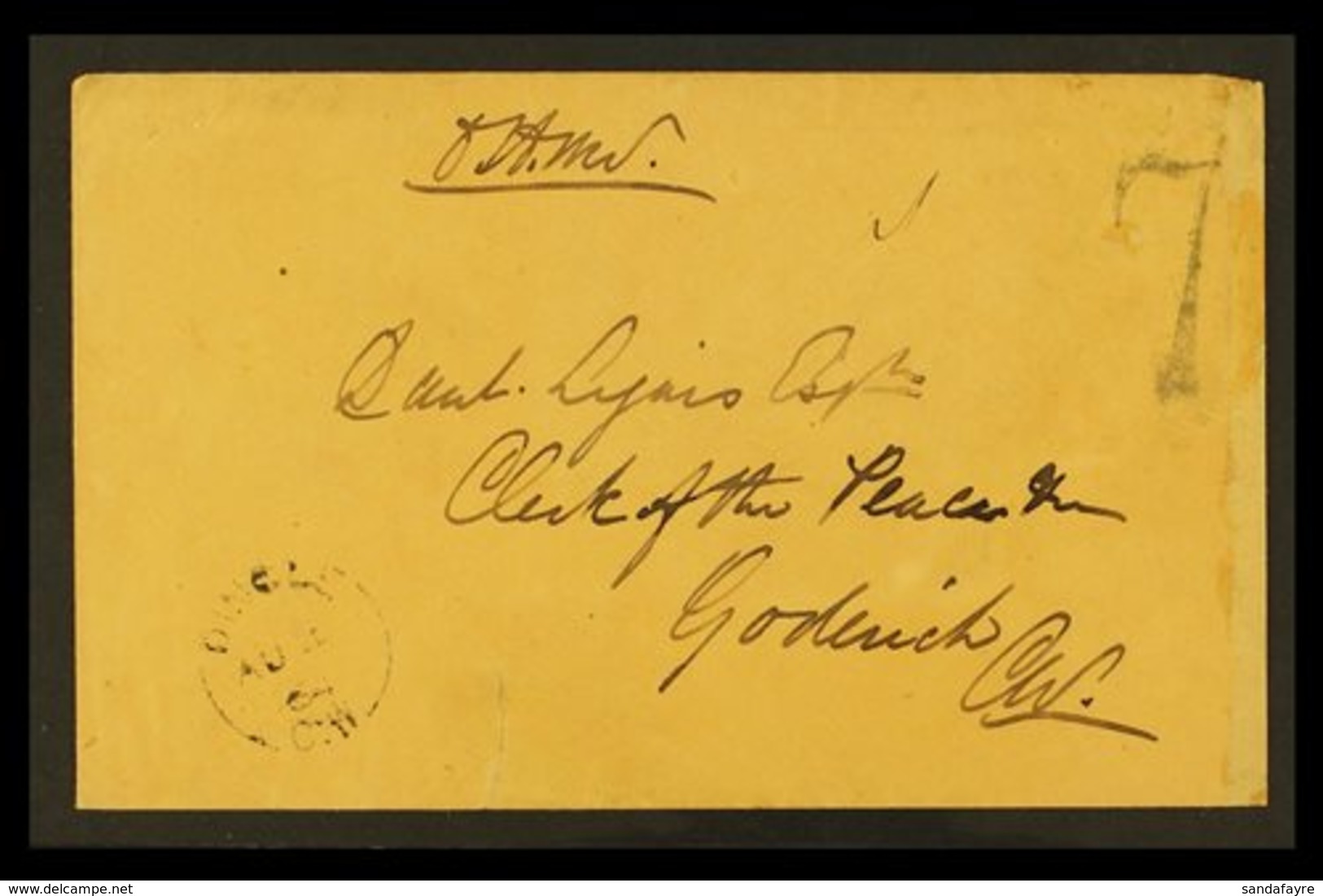 1864 RAILWAY POSTMARK.  (4 Aug) Stampless Official Cover Addressed To Goderich With Manuscript 'O.H.M.S.', Large "7" Rat - Sonstige & Ohne Zuordnung