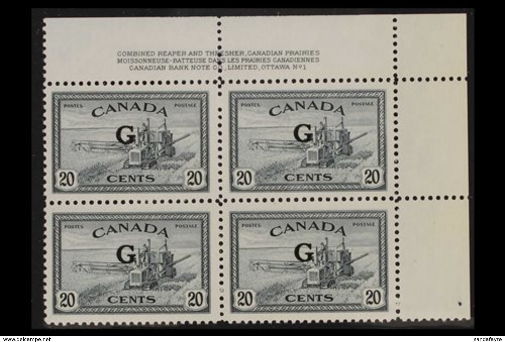 OFFICIALS  1950-52 20c Slate "Combine" Opt'd "G", SG O187, Never Hinged Mint Upper Right Imprint Corner Block Of Four. L - Other & Unclassified