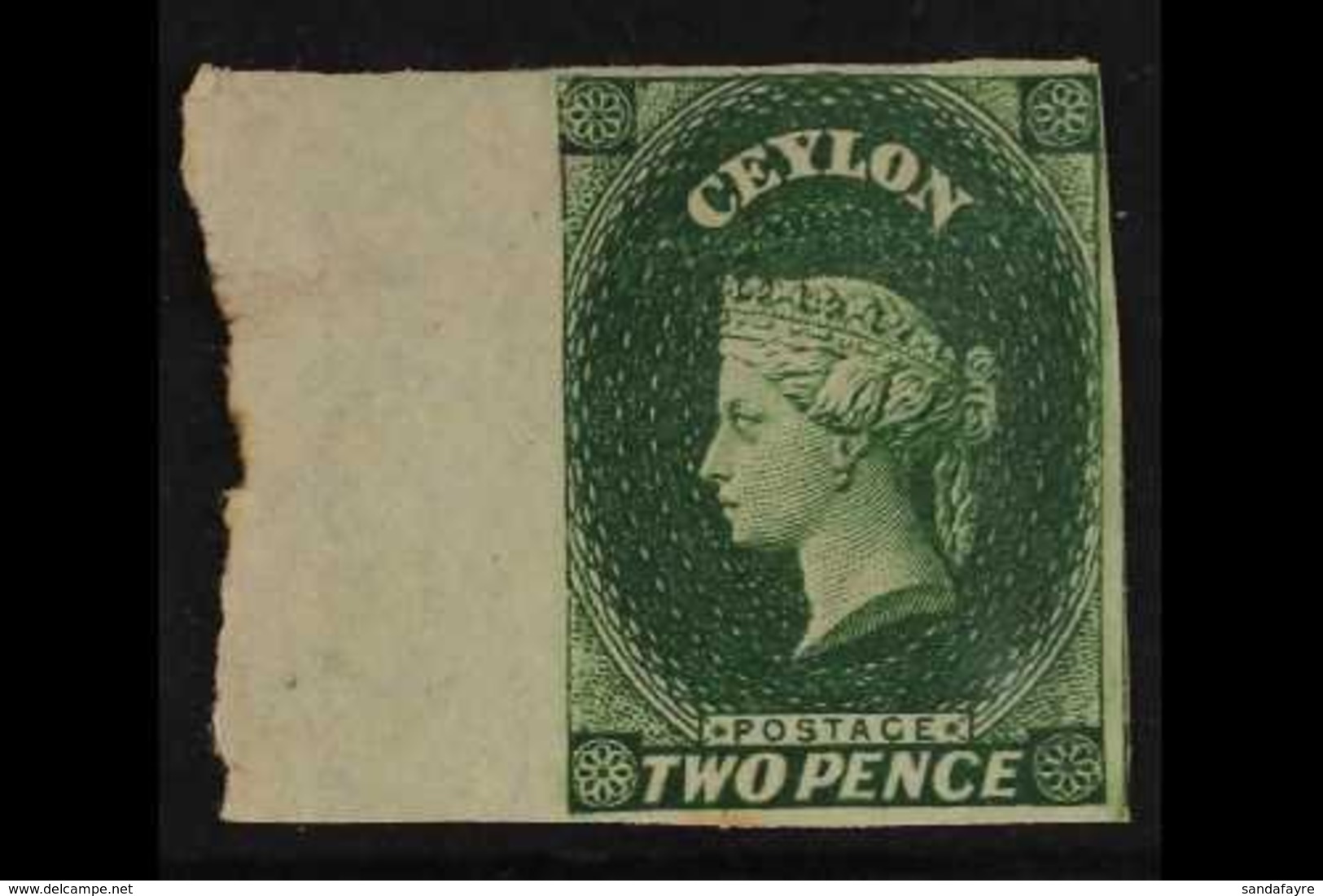 1857-59  2d Green, SG 3, Superb Unused No Gum Left Marginal Example, Four Margins, Very Fresh & Attractive. For More Ima - Ceylon (...-1947)