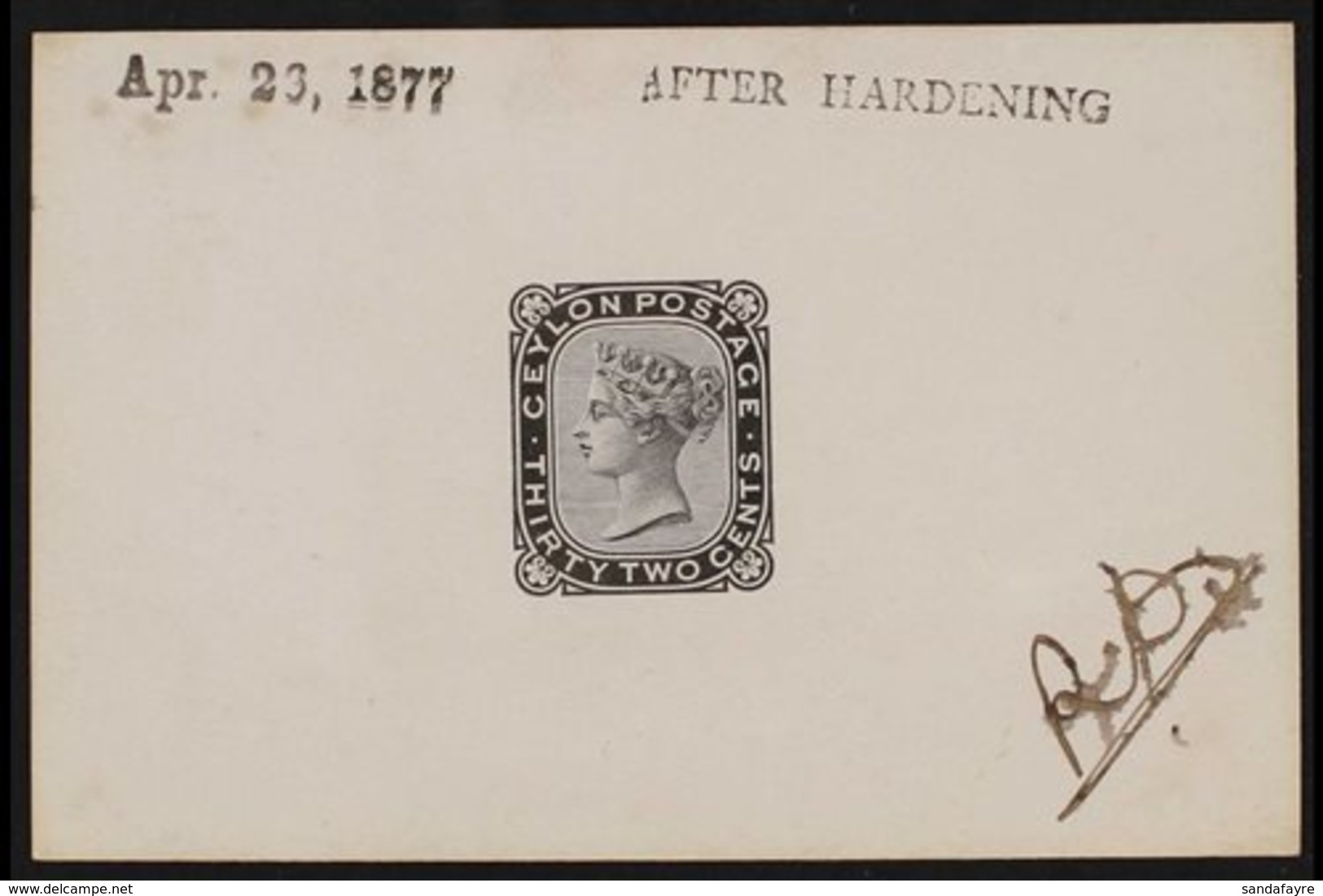 1872-80 IMPERF DIE PROOF  For The 32c Value (SG 128) Printed In Black On Ungummed Card, Endorsed "AFTER HARDENING", Init - Ceylon (...-1947)