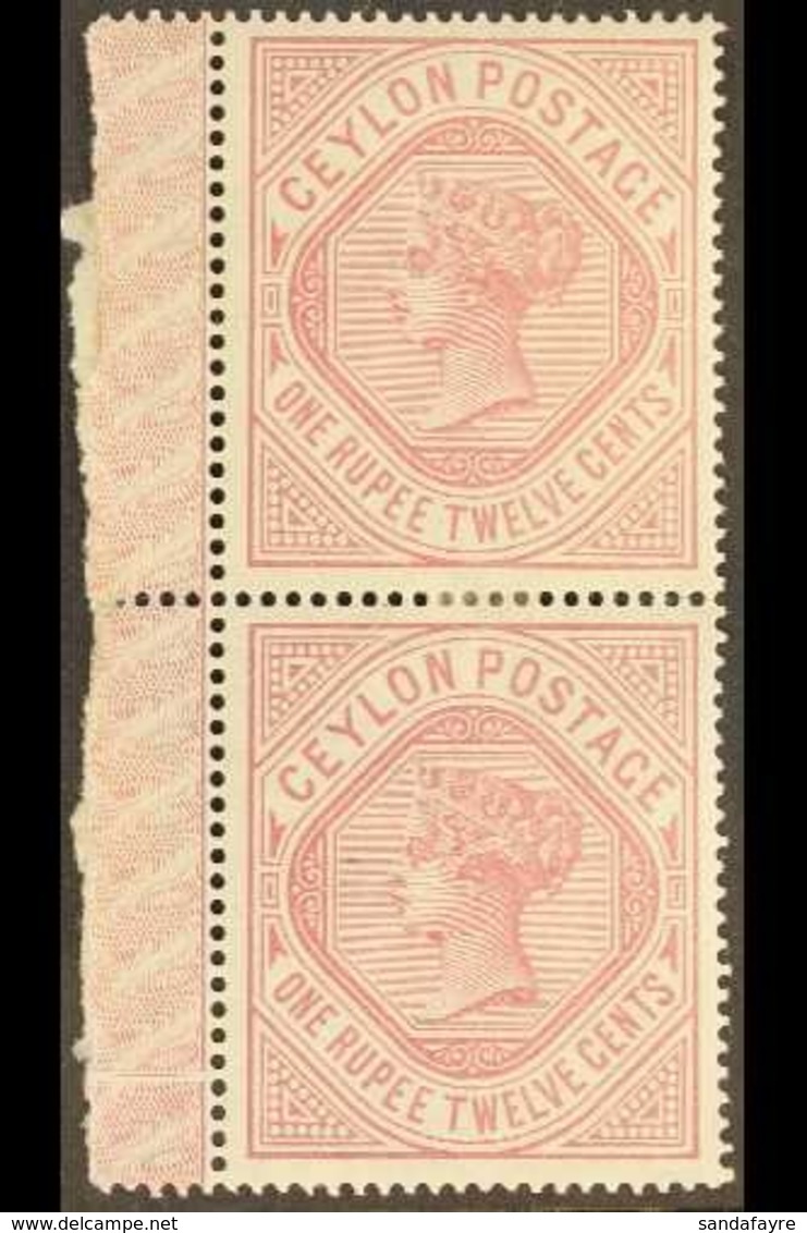 1887  1r12c Dull Rose Wmk Crown CC Sideways, SG 201, Very Fine Mint Vertical PAIR With Engine- Turned Ornamental Sheet S - Ceylon (...-1947)